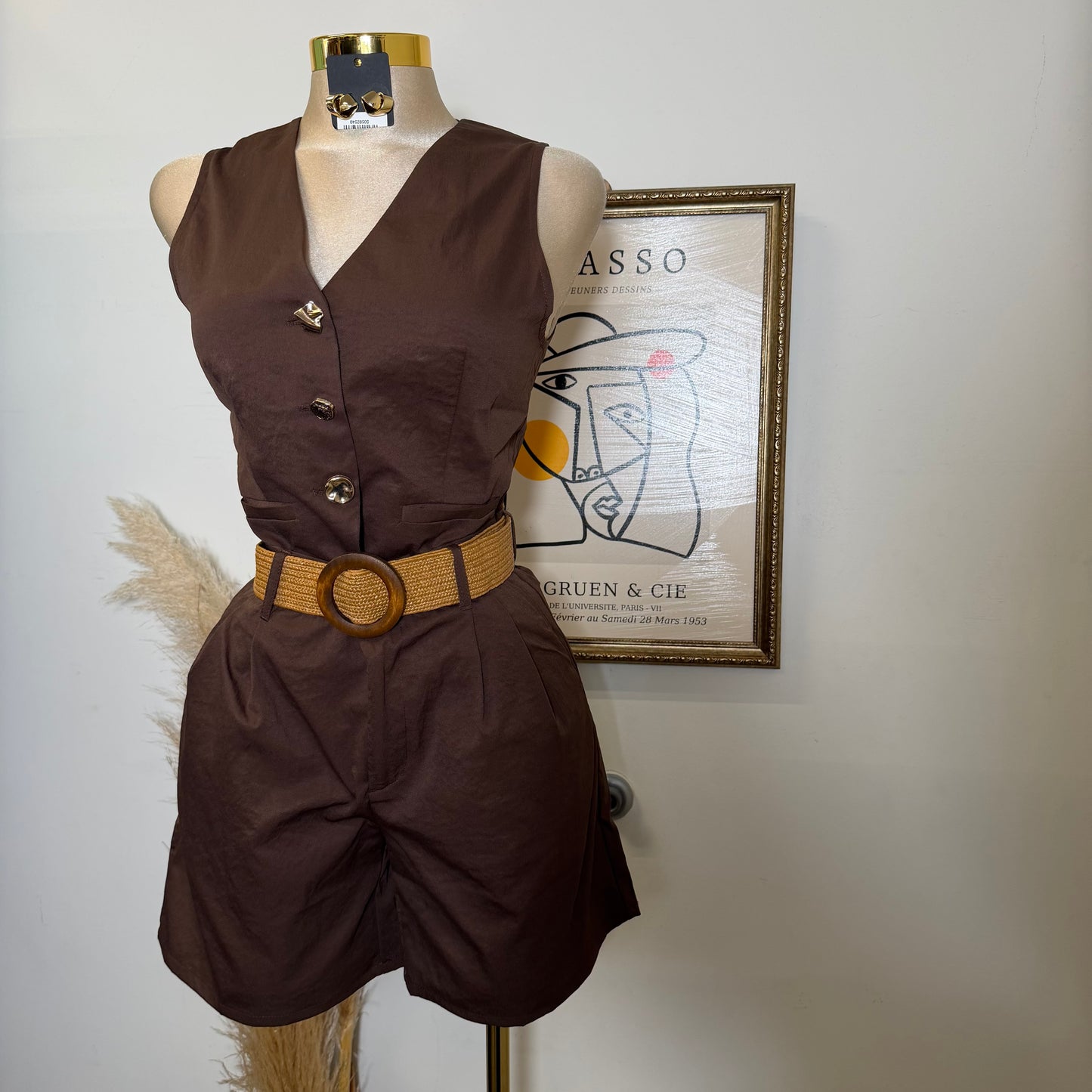 Linen Vest And Belted Short-Choco