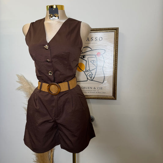 Linen Vest And Belted Short-Choco