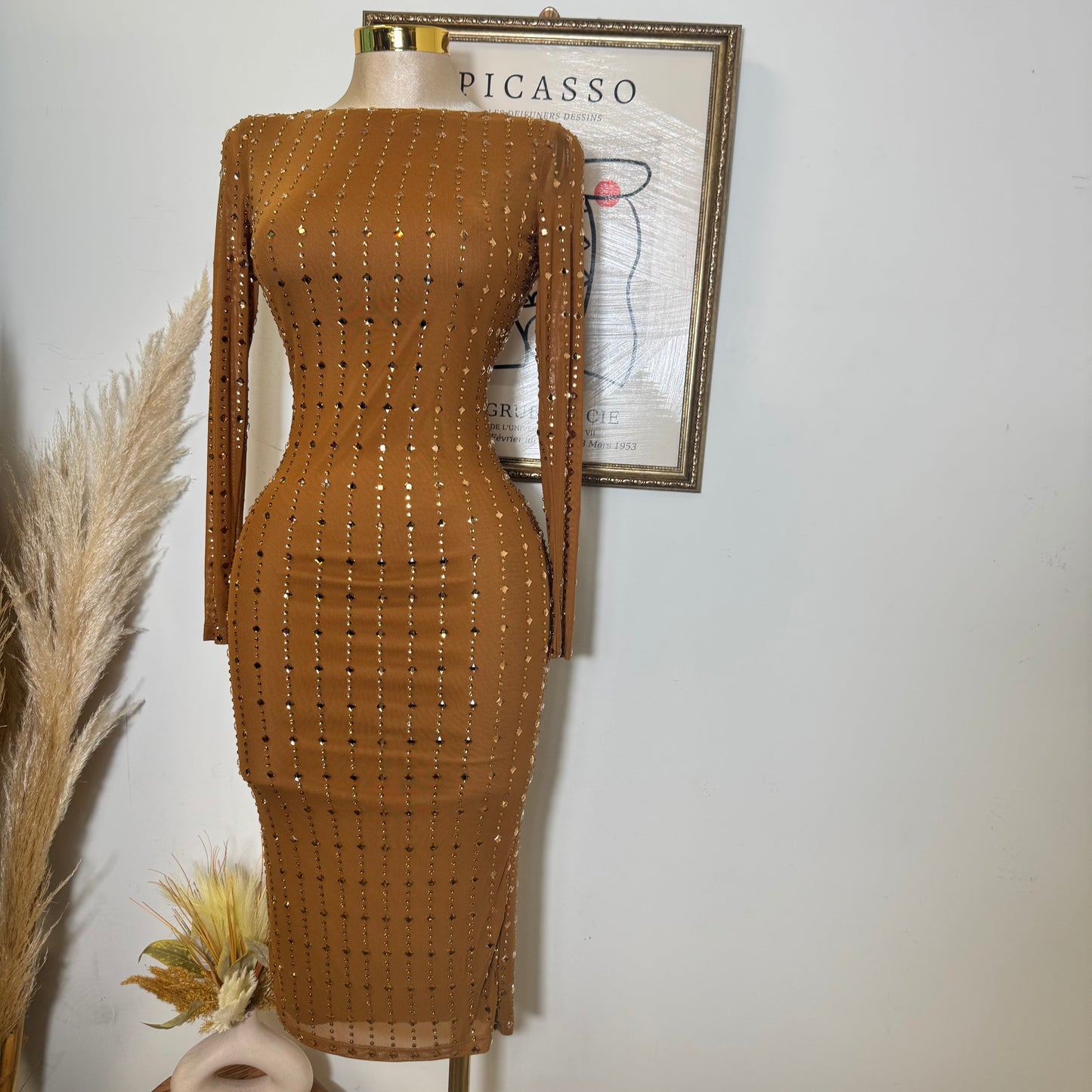 Square Rhinestone On Mesh Midi Dress-Mocha