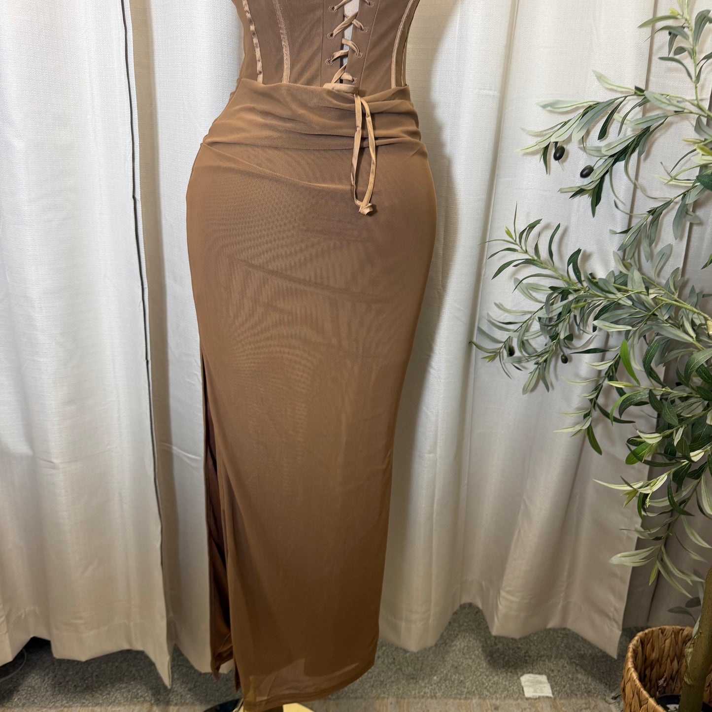 LACE-UP BACK DETAIL CORSET MIDI DRESS-Brown