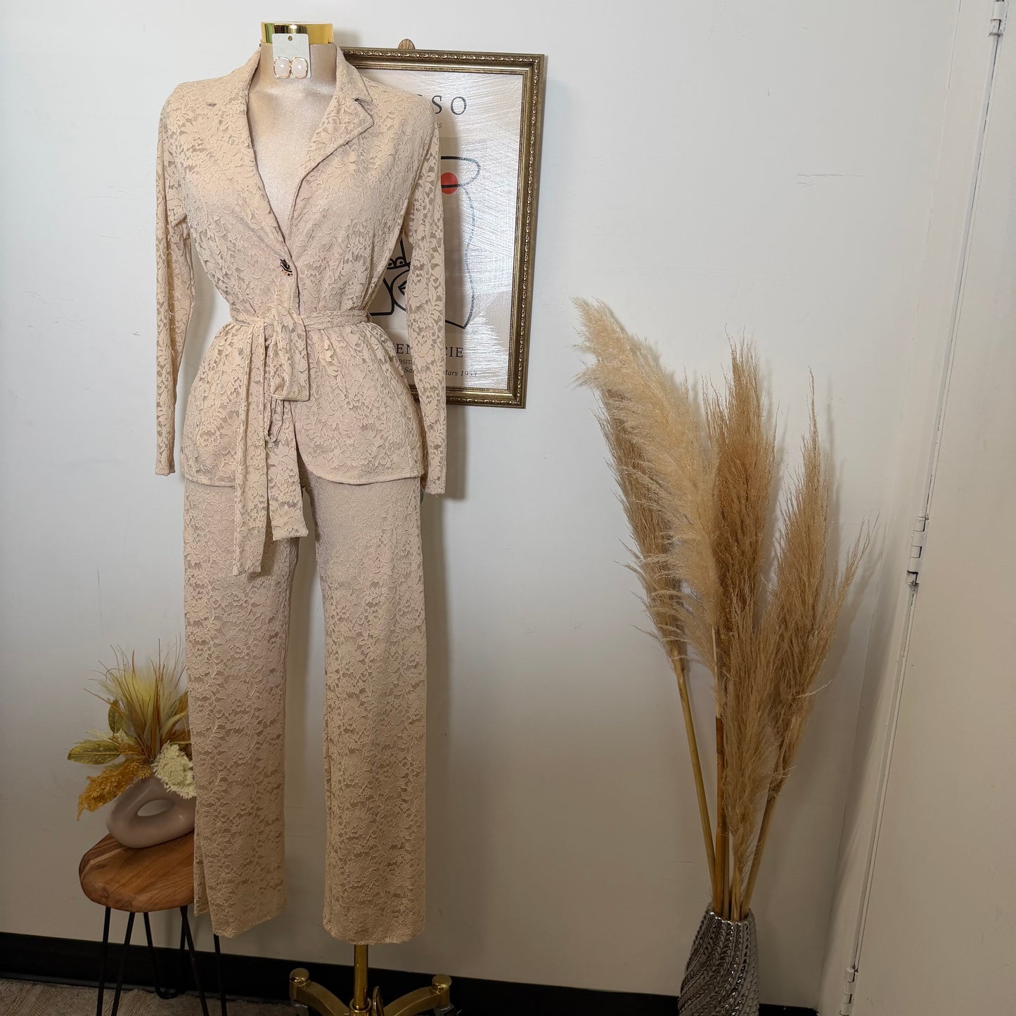 Lace blazer Pant Set -Beige