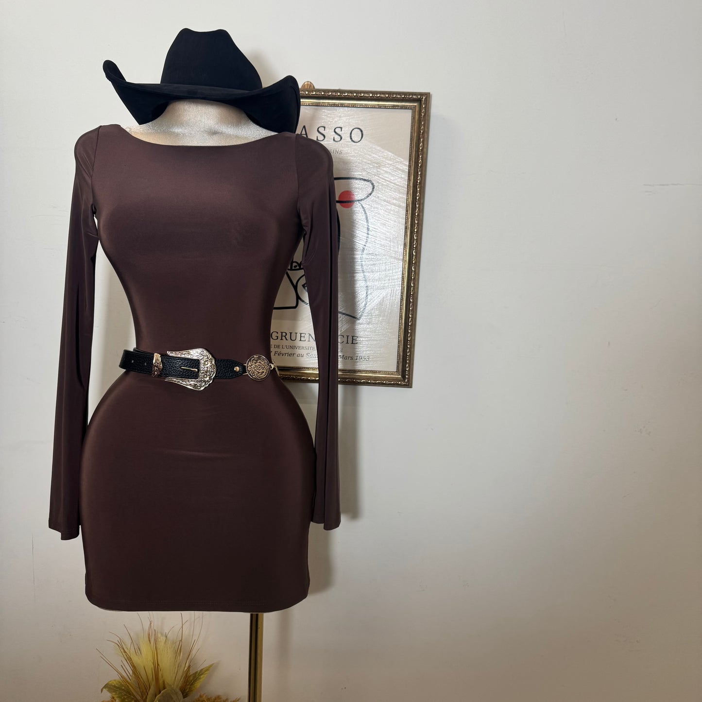 Long Bell Sleeveless Open Back Slits Mini Dress-Brown
