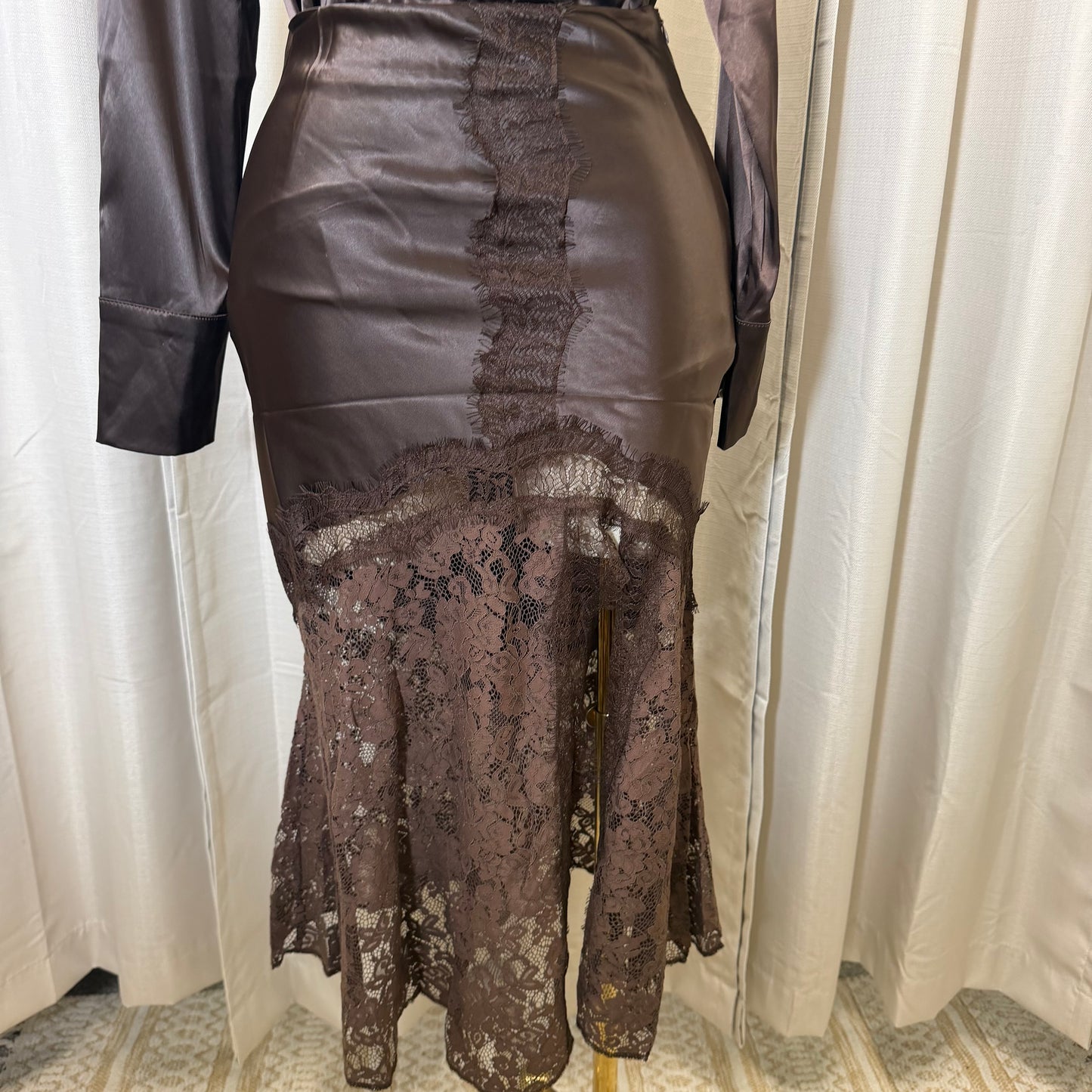 Satin Long Sleeve Top with Lace Skirt-Brown