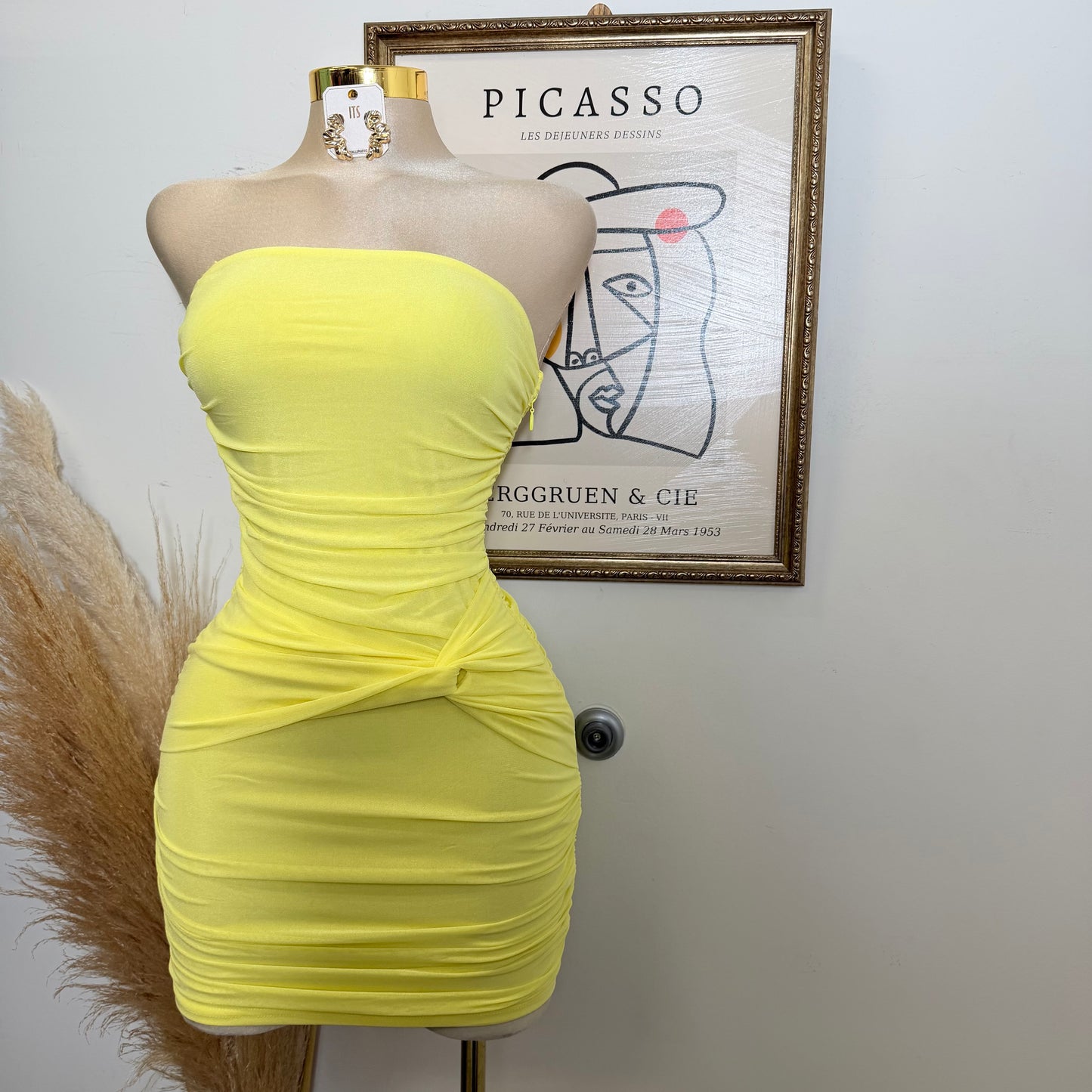 Strapless Ruched Mini Dress-Yellow
