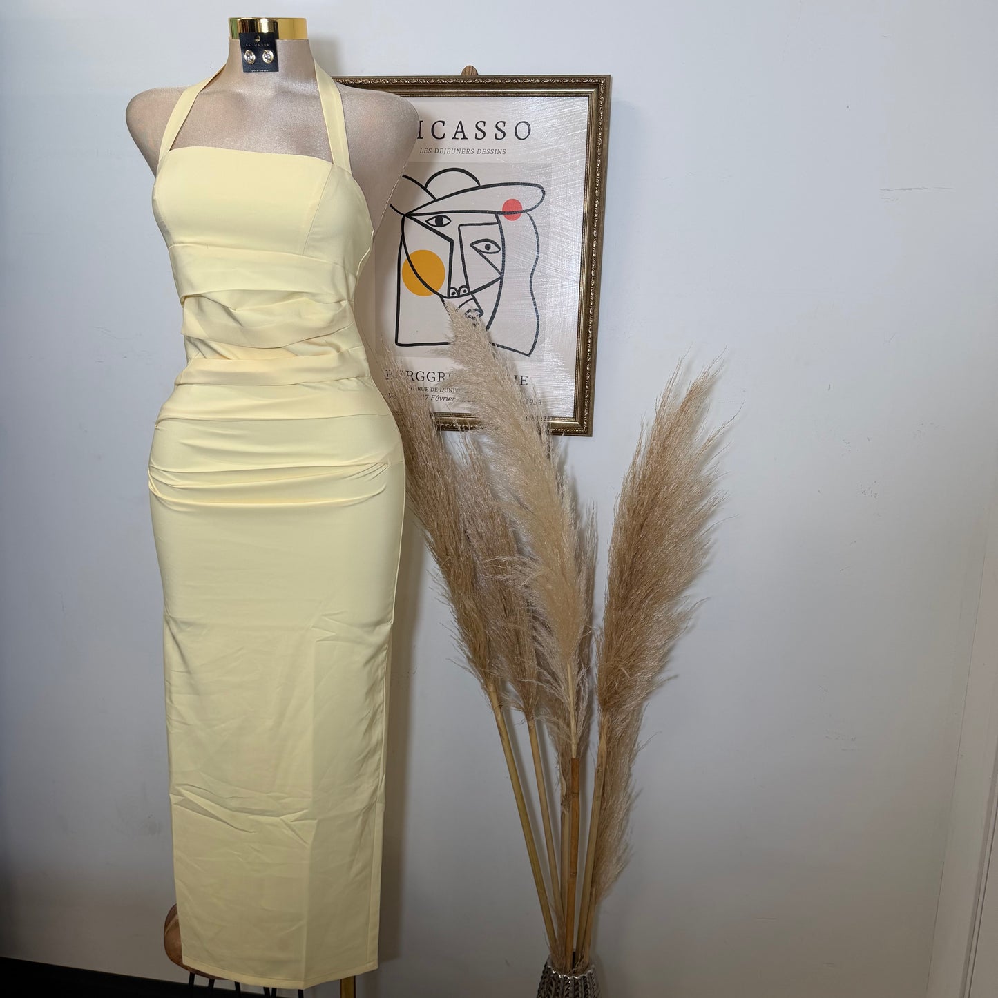 Halter Neck Structured Back Slit Maxi Dress-Baby Yellow