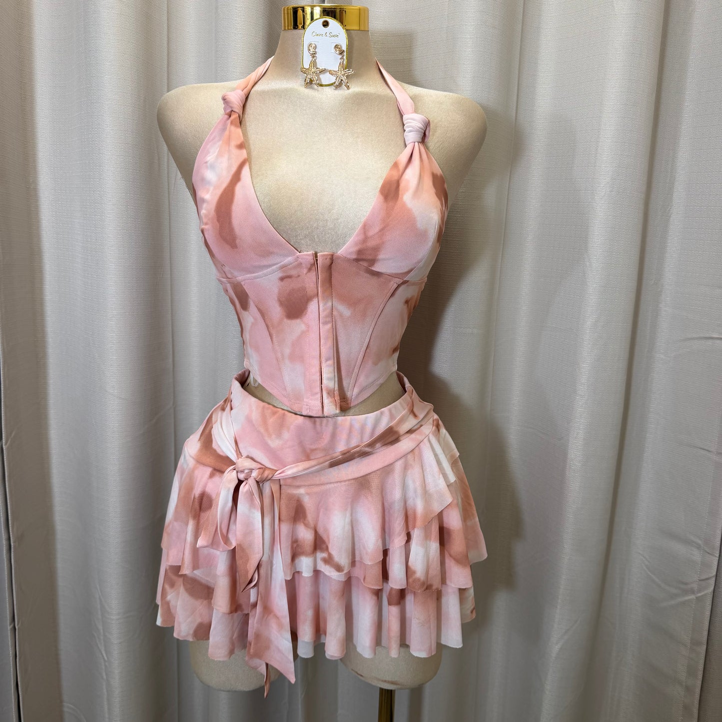 Halter Pink Corset Skirt Set-Baby Pink