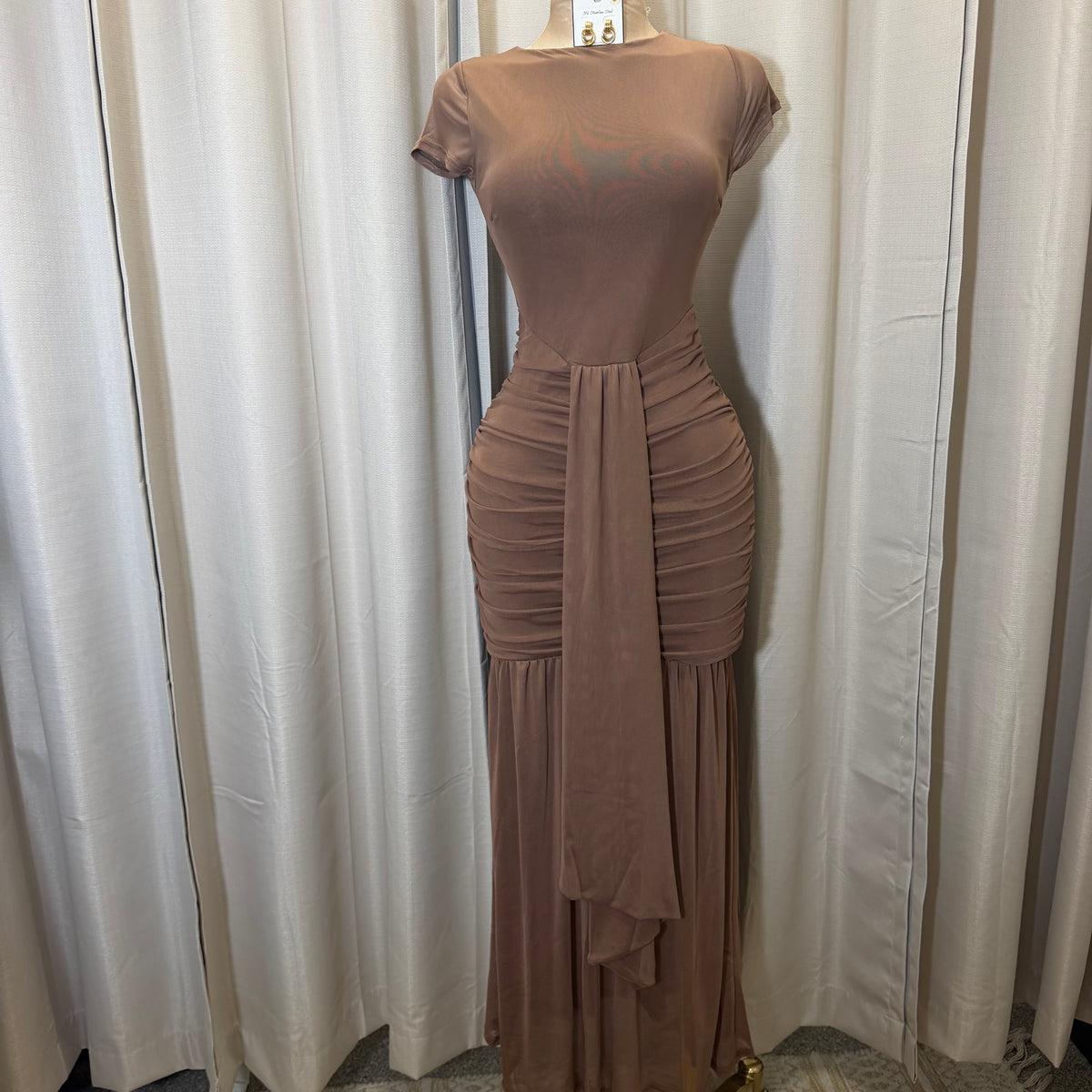 Short Sleeve Solid Mesh  Maxi Dress-Brown