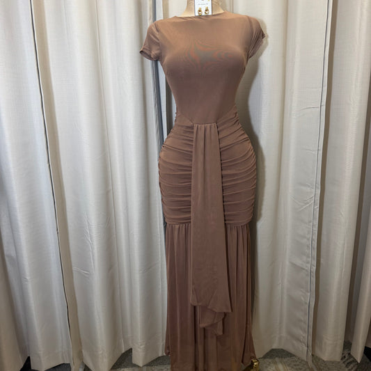 Short Sleeve Solid Mesh  Maxi Dress-Brown