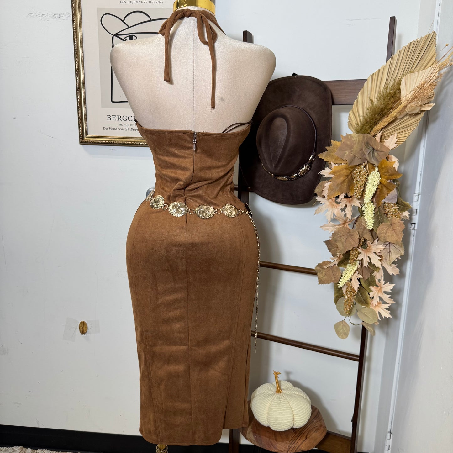 Halter Neck Front Slit Suede Midi Dress-Brown