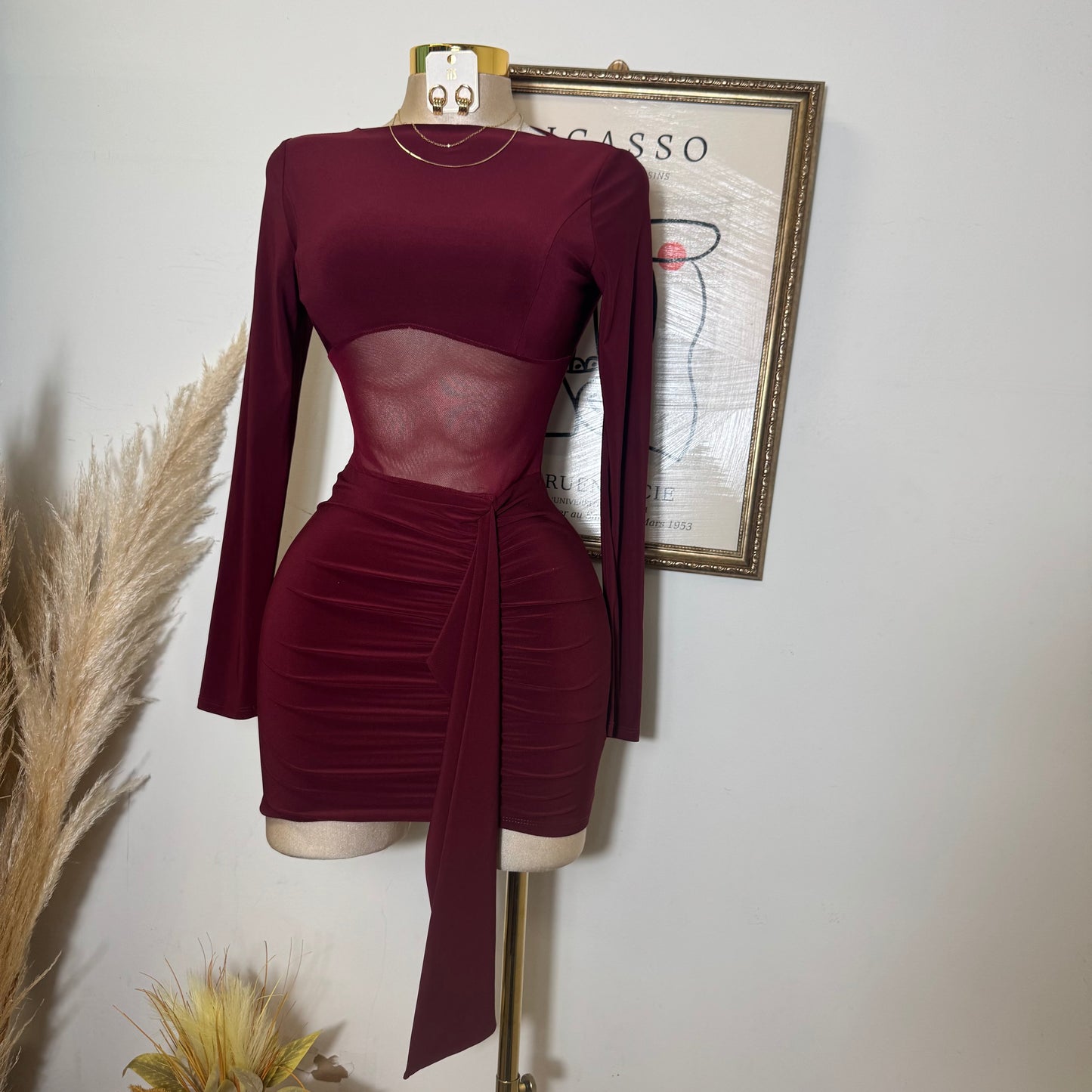 Knit Mesh Mini Dress-Burgundy