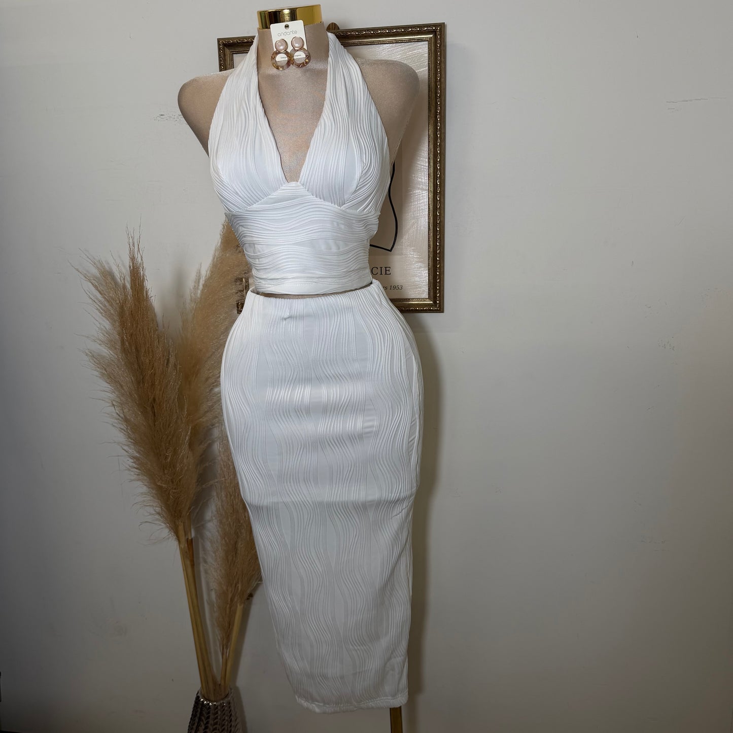 Halter Neck and Midi Skirt Set-White