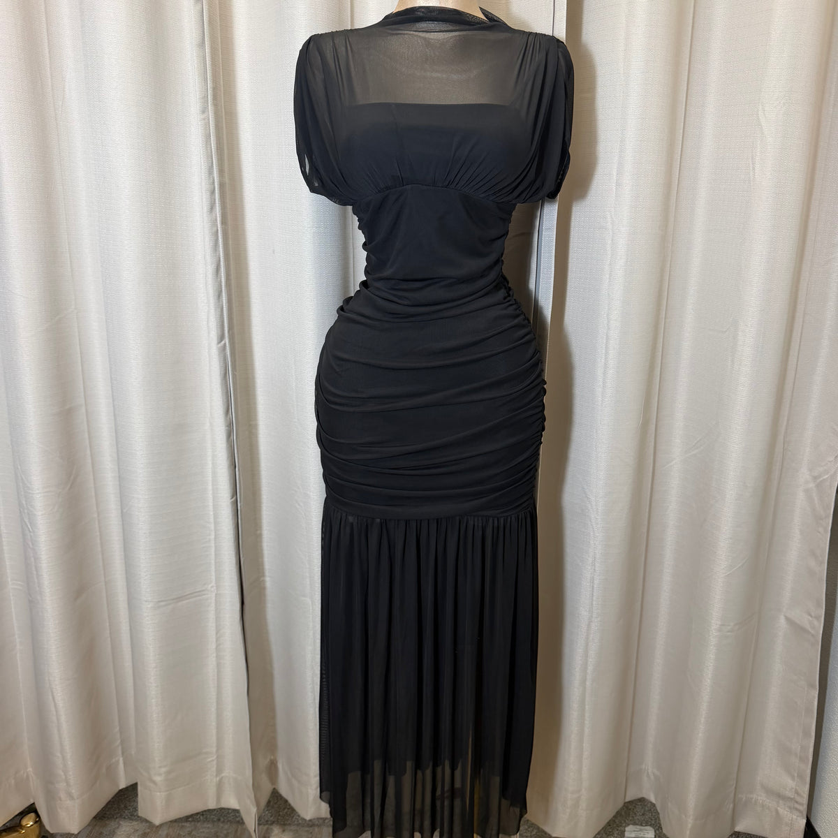 Mesh & Knit Mix Long Dress-Black