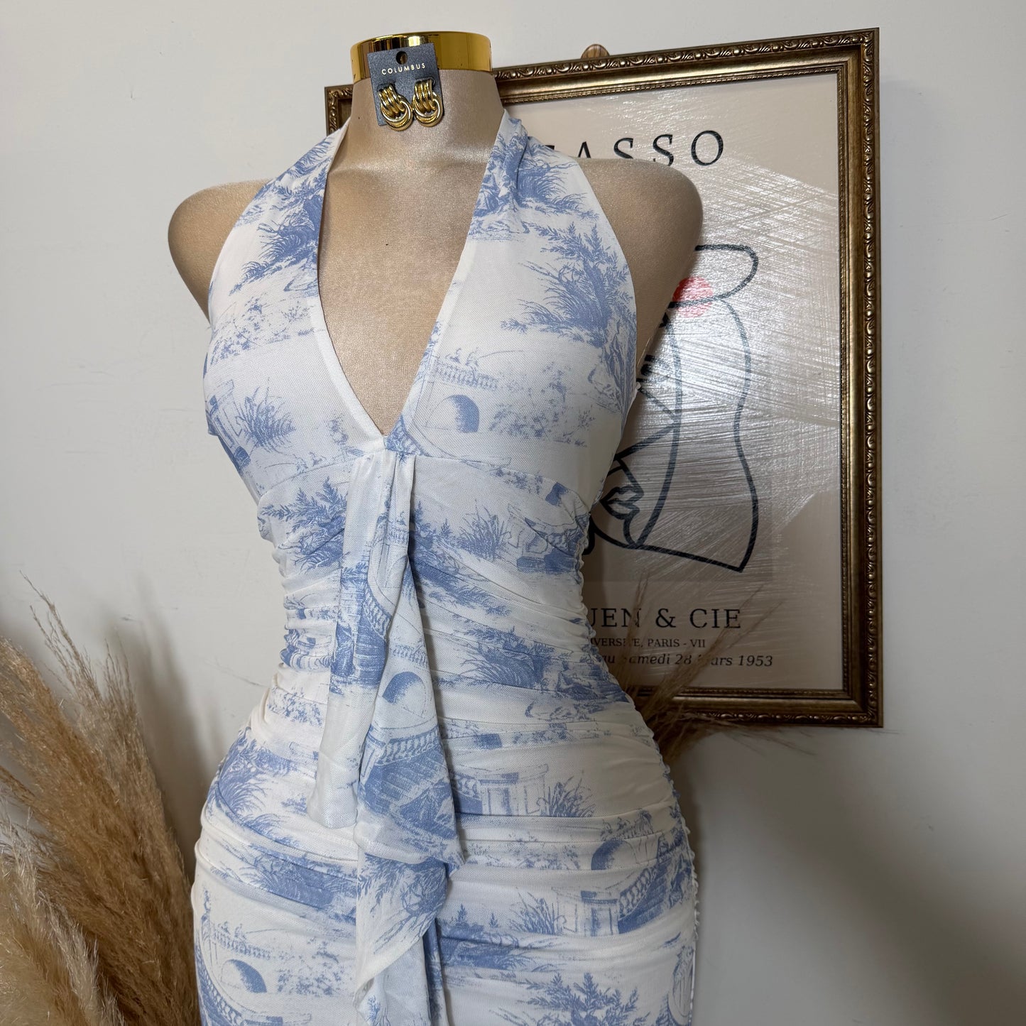 Deep plunge Halter Neck Ruched a-Line Midi Dress-Blue/White