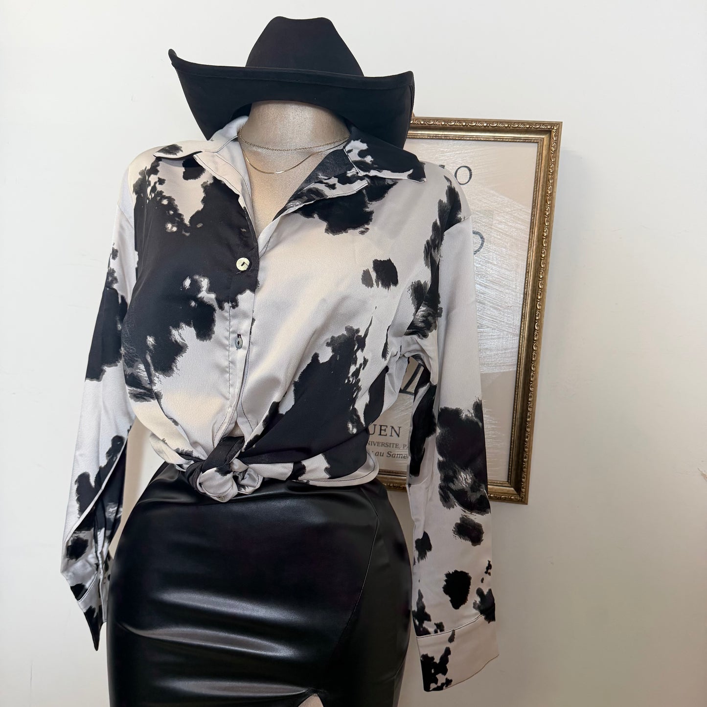Cow Print Satin Button Down Long sleeve Shirt-Black