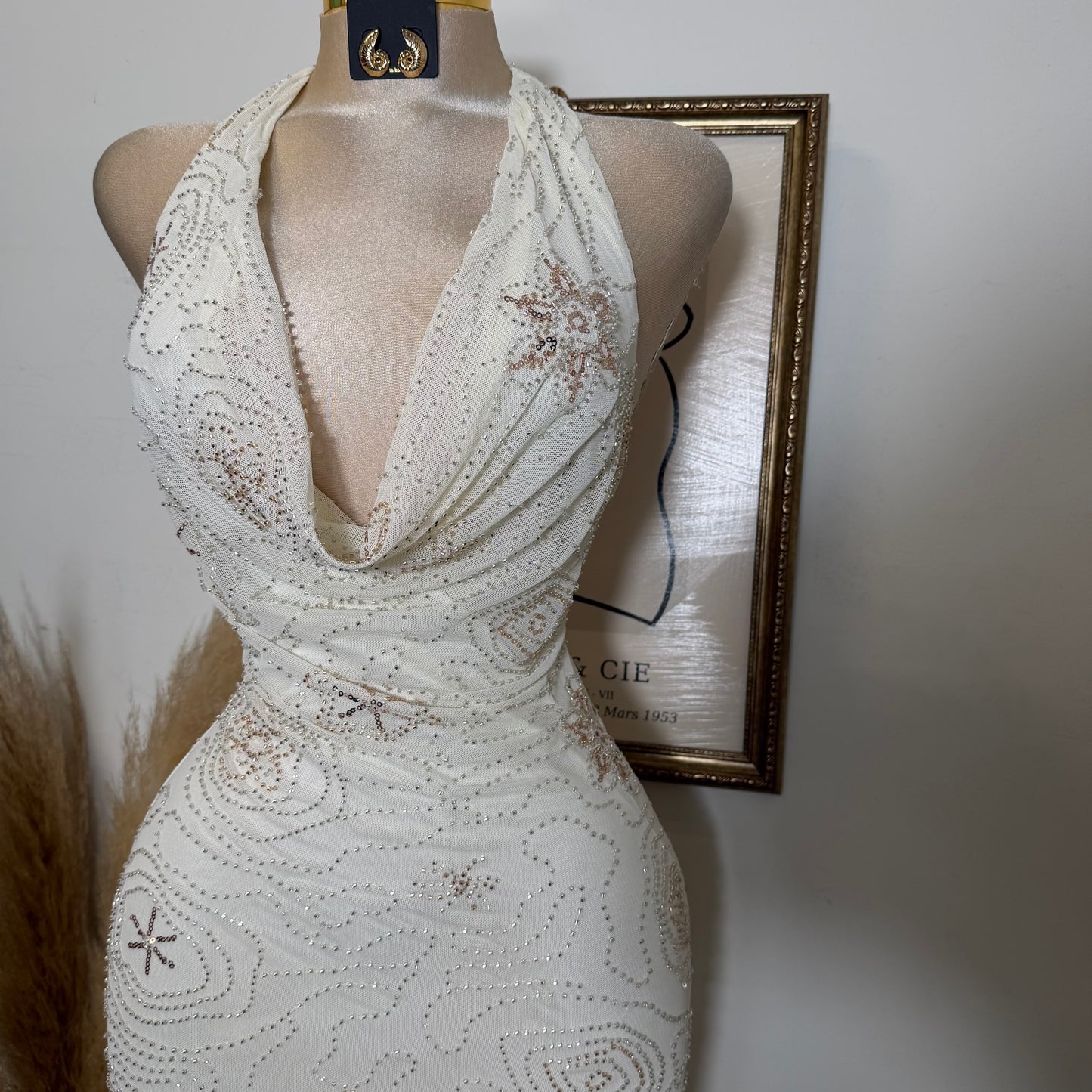 Halter Neck Lace Up Back Detail Mermaid Midi Dress-Cream