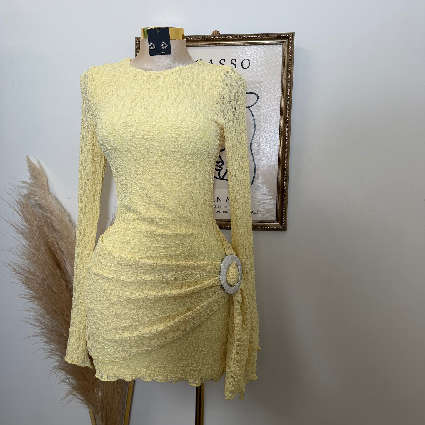 Long Sleeve Gold Detail Dress-Butter Yellow