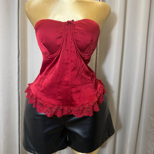 PL-Satin lace up Corset Top-Red