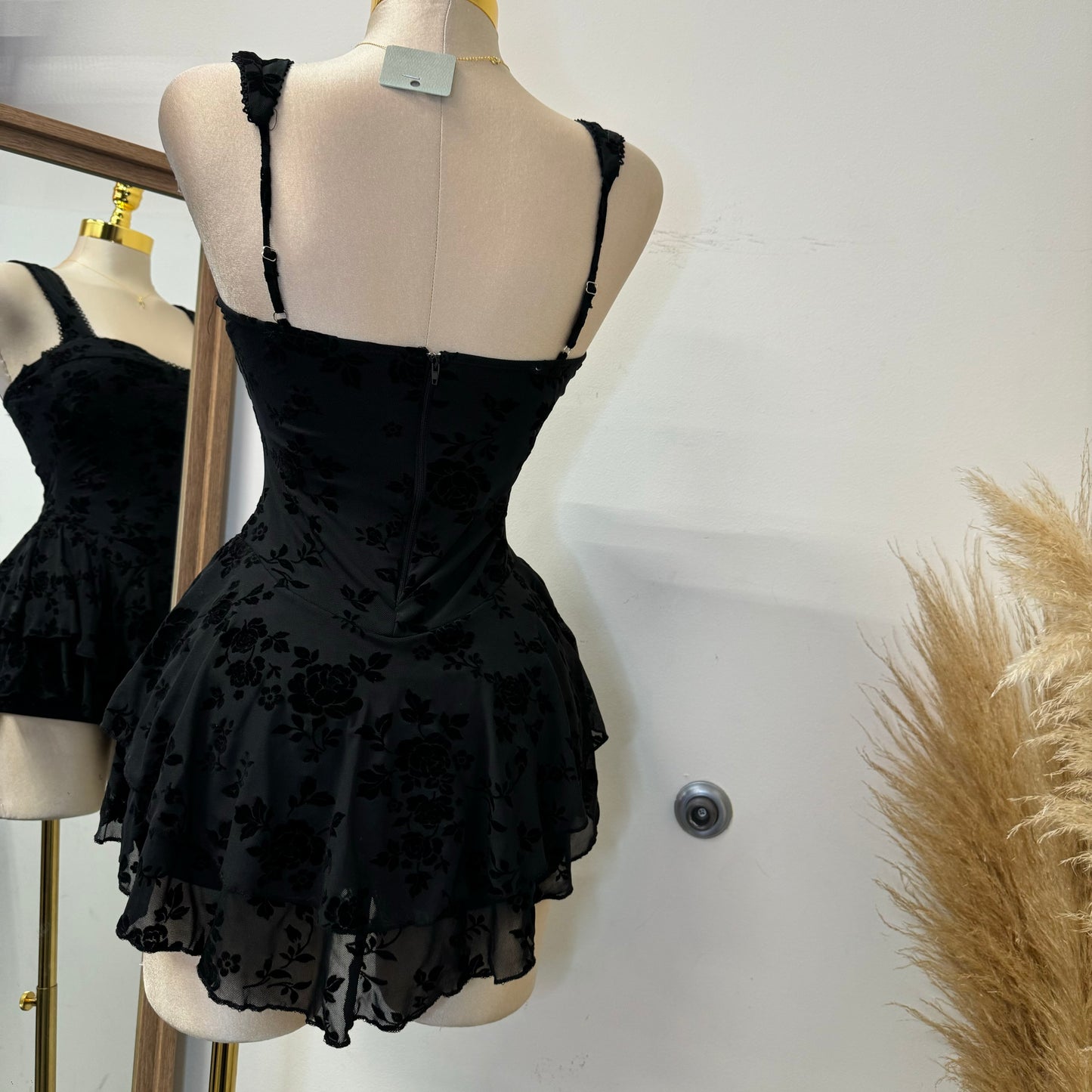 Floral Lace Trim Dress-Black/Black