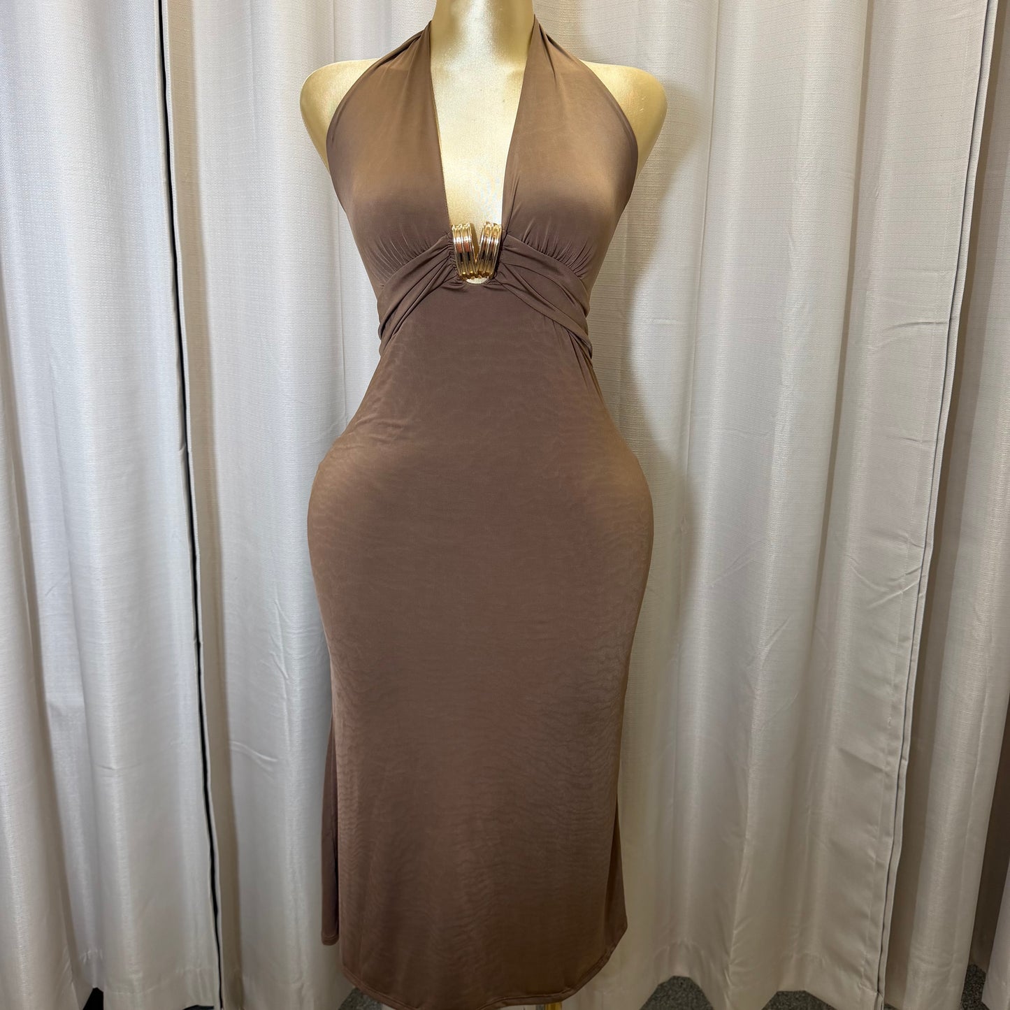 PL-Halter Midi Dress-Brown