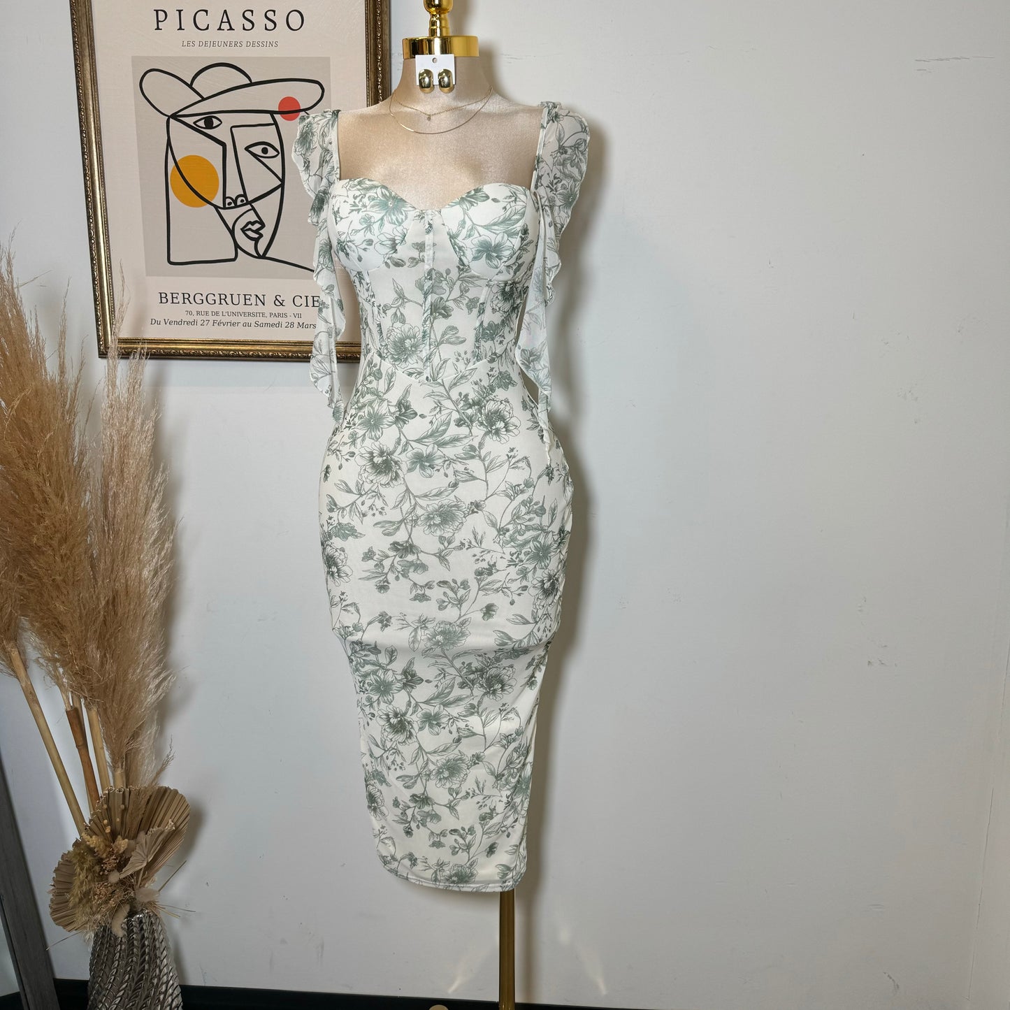 Mesh Print Ruffle Sleeve Corset Midi Dress-Sage Green