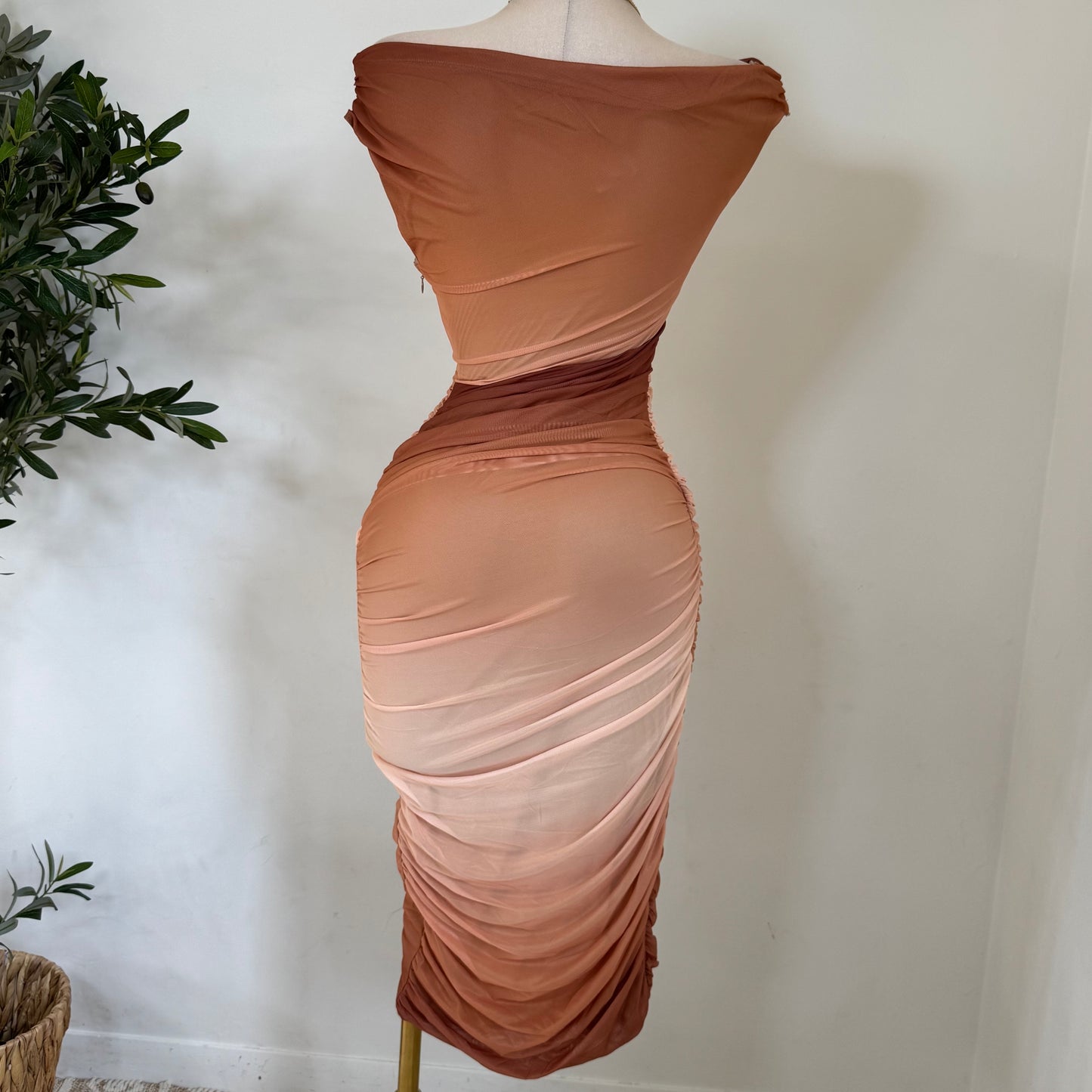 Ombré Mesh Print Asymmetrical Draped Mini Dress-Sunset