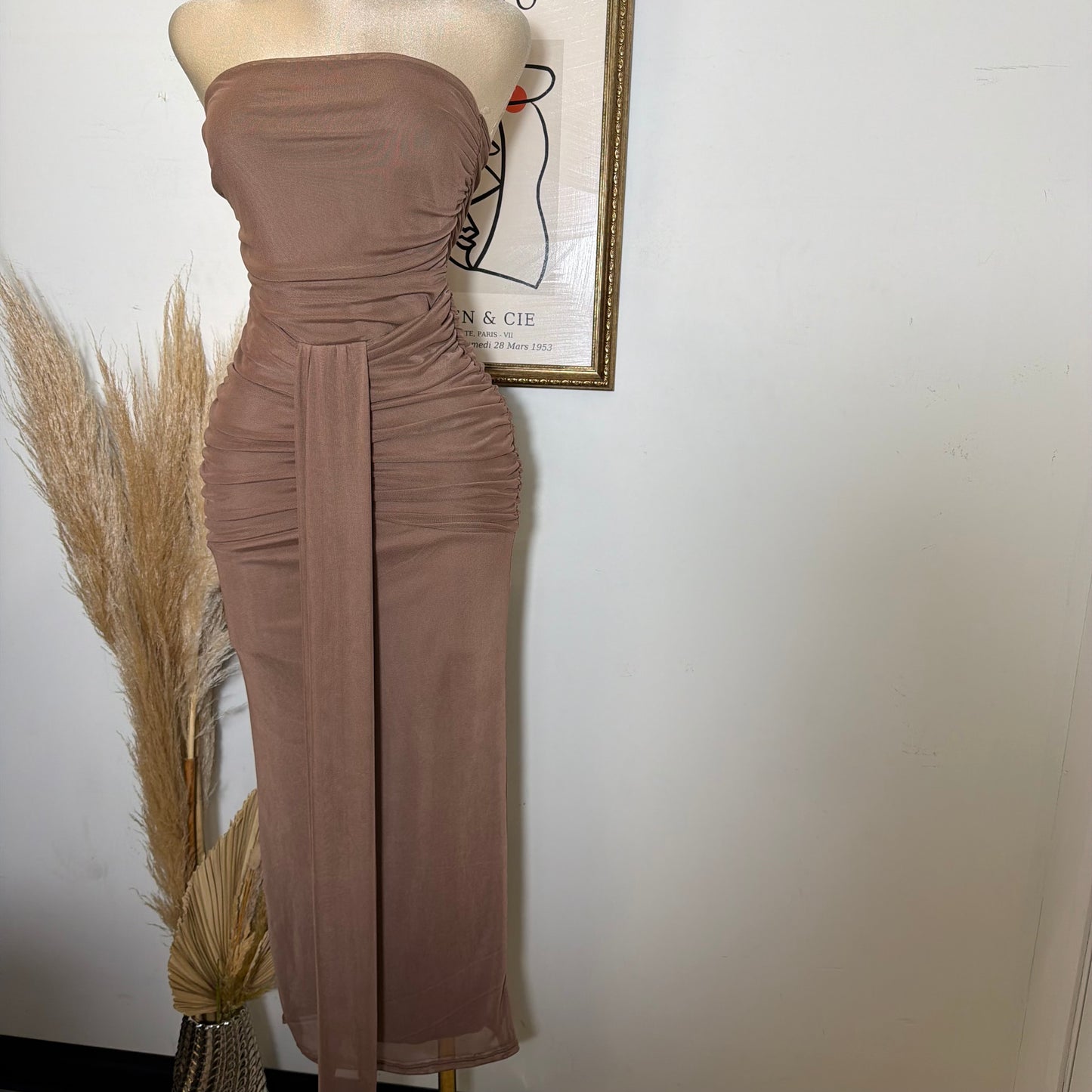 Solid Mesh Tube Maxi Dress-Brown
