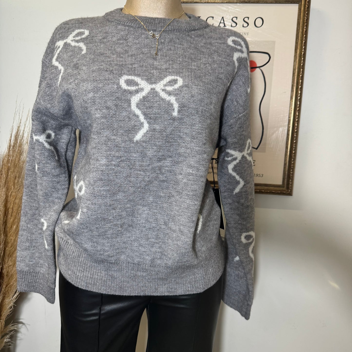 Bow Round Neck Sweater Top-Heather Grey