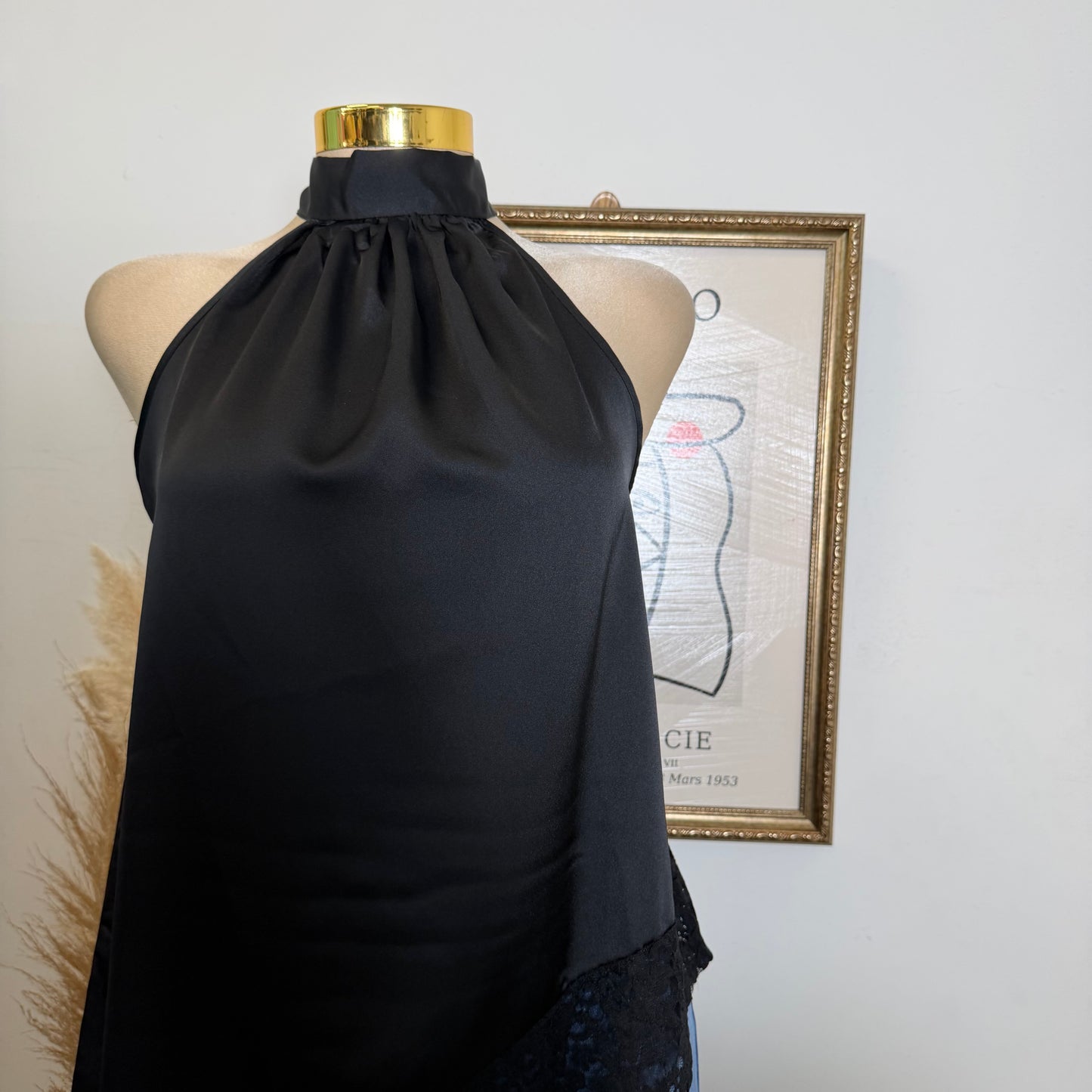 Satin Lace Asymmetrical Top-Black