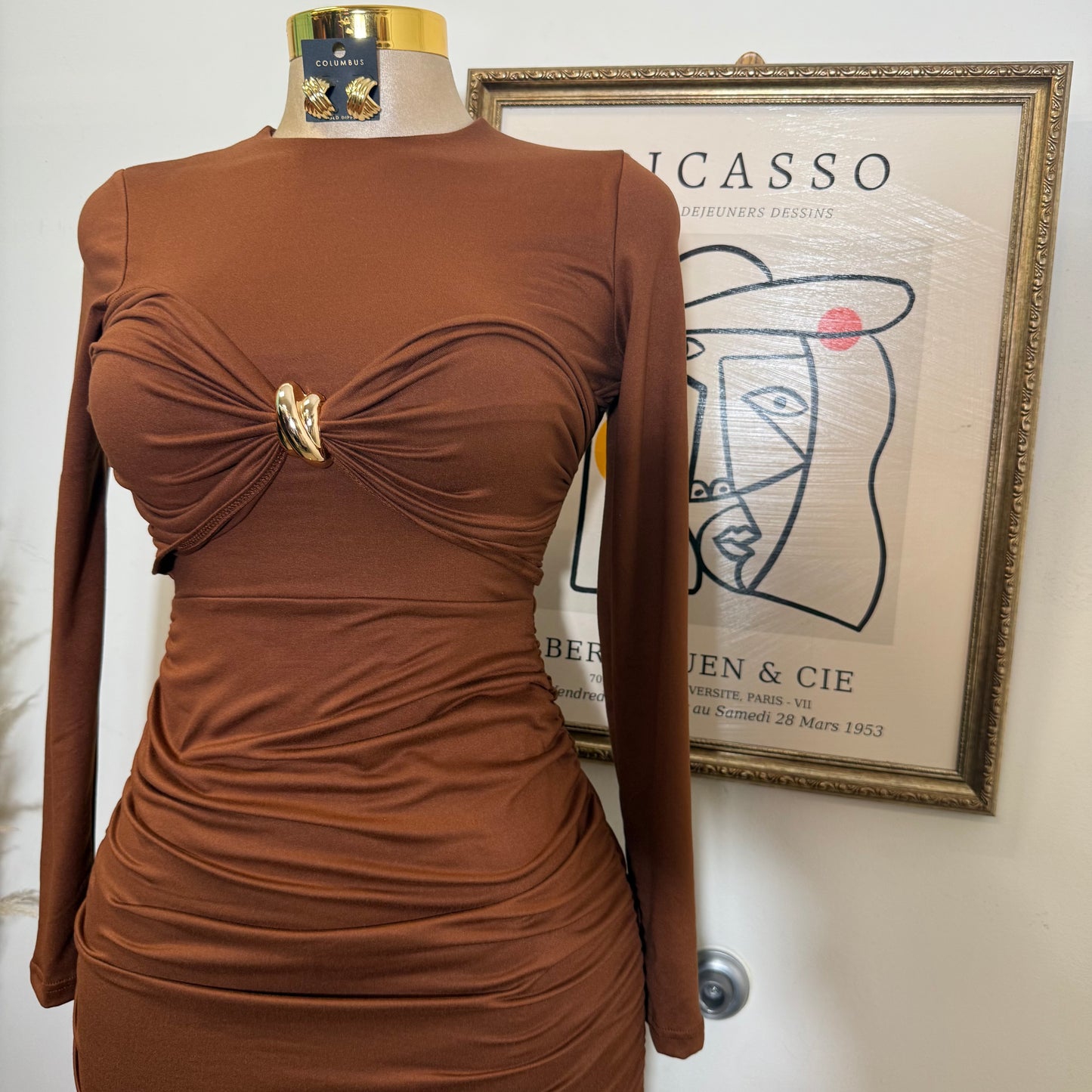 Long Sleeve Double Layered Midi Dress-Mocha