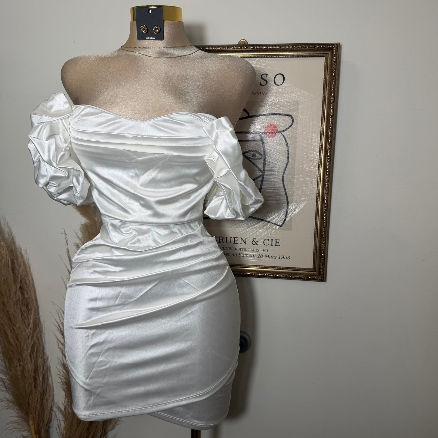 Satin Off Shoulder Dress-White