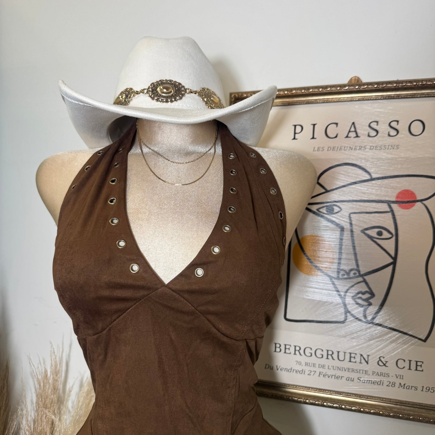 Western Suede Halter Dress-Brown