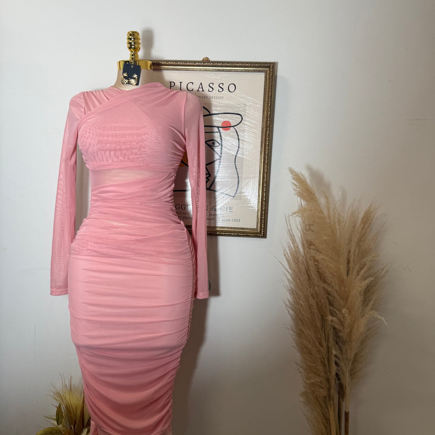 Solid Long Sleeve Mesh Dress-Baby Pink