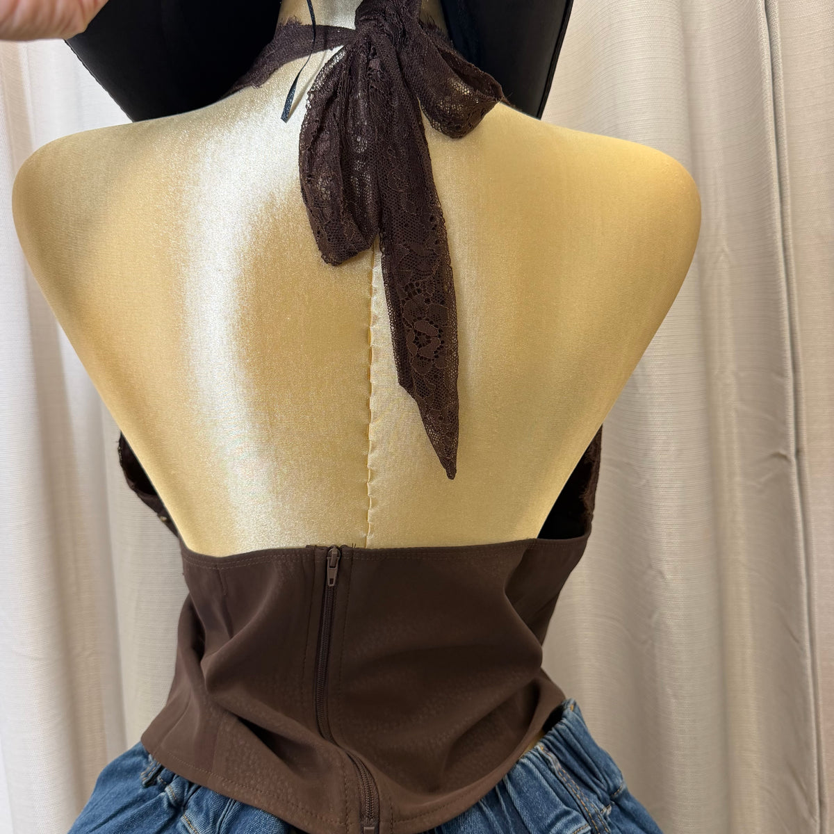 PL Leather Halter Corset Top-Brown