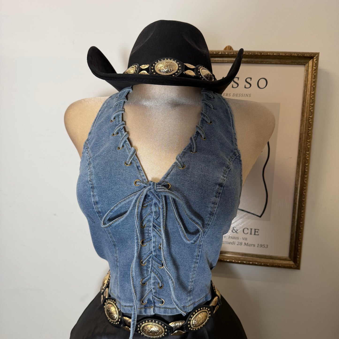 Halter Denim Lace Up Vest-Denim