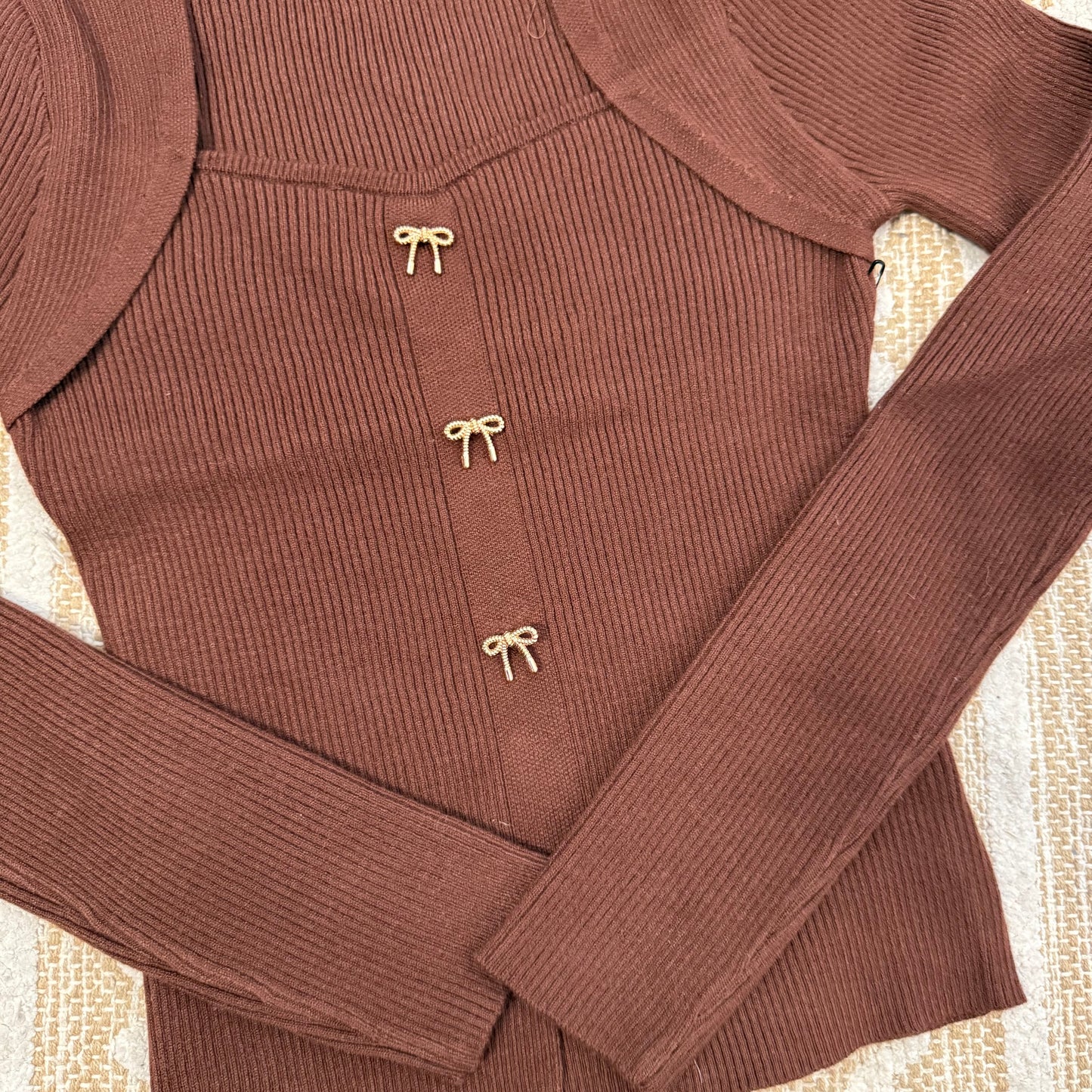 Square Neck Ribbon Trim Sweater Top-Brown