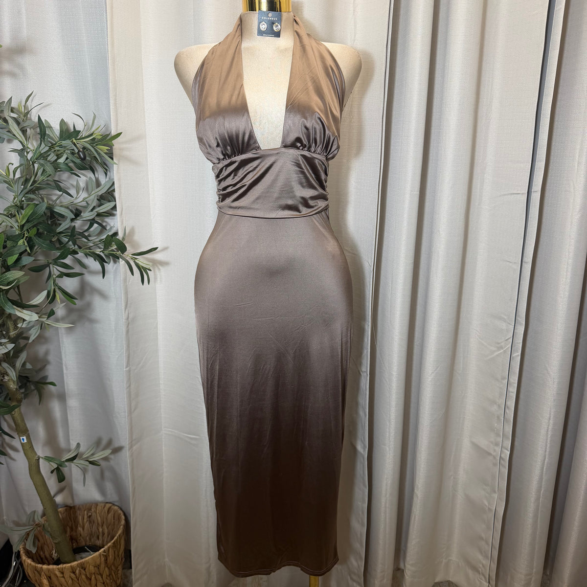 STRETCH SATIN KNIT OPEN BACK MIDI DRESS-Cocoa/Beige