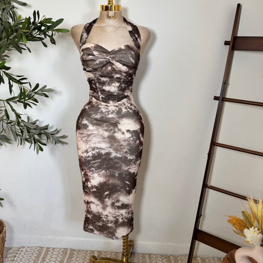 Halter Corset Ruching Midi Dress-Brown