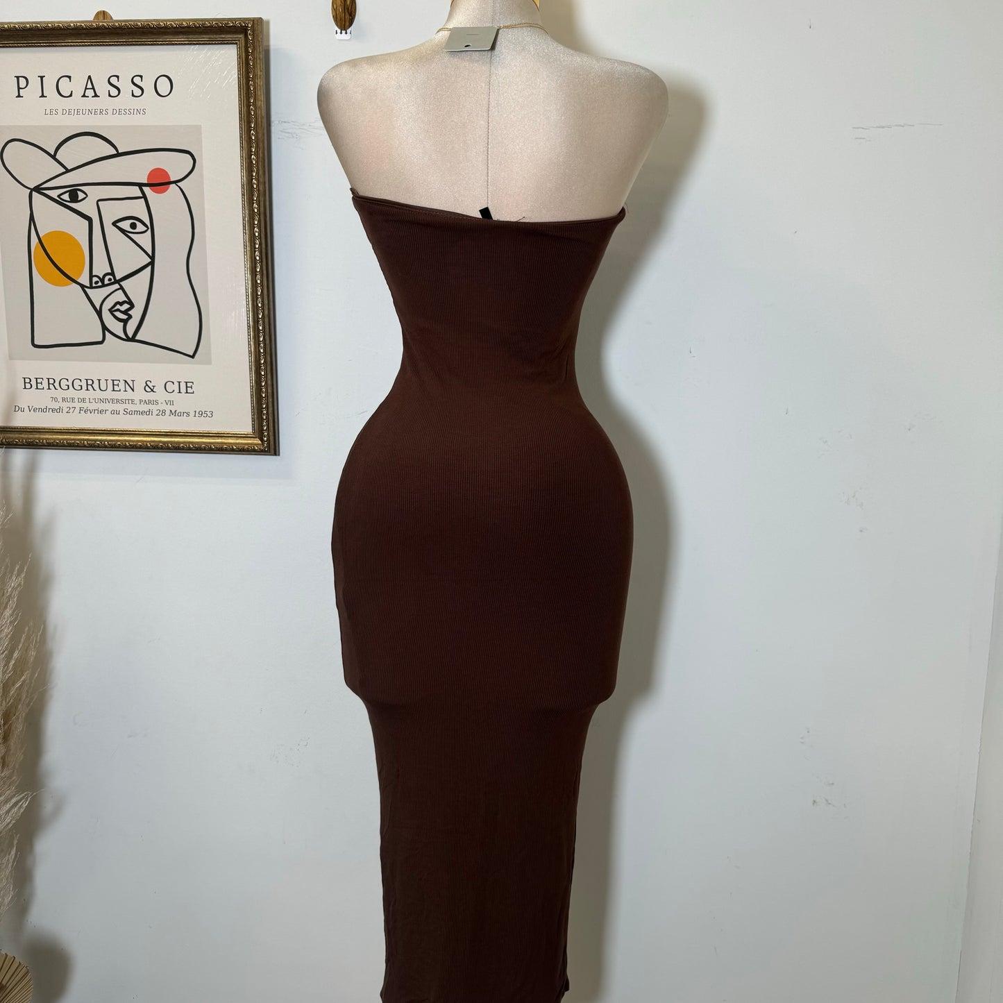 Strapless Ribbes Dress with Cardigan-Brown