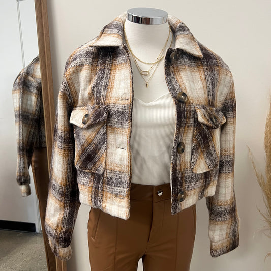 Plaid Crop Jacket -Brown