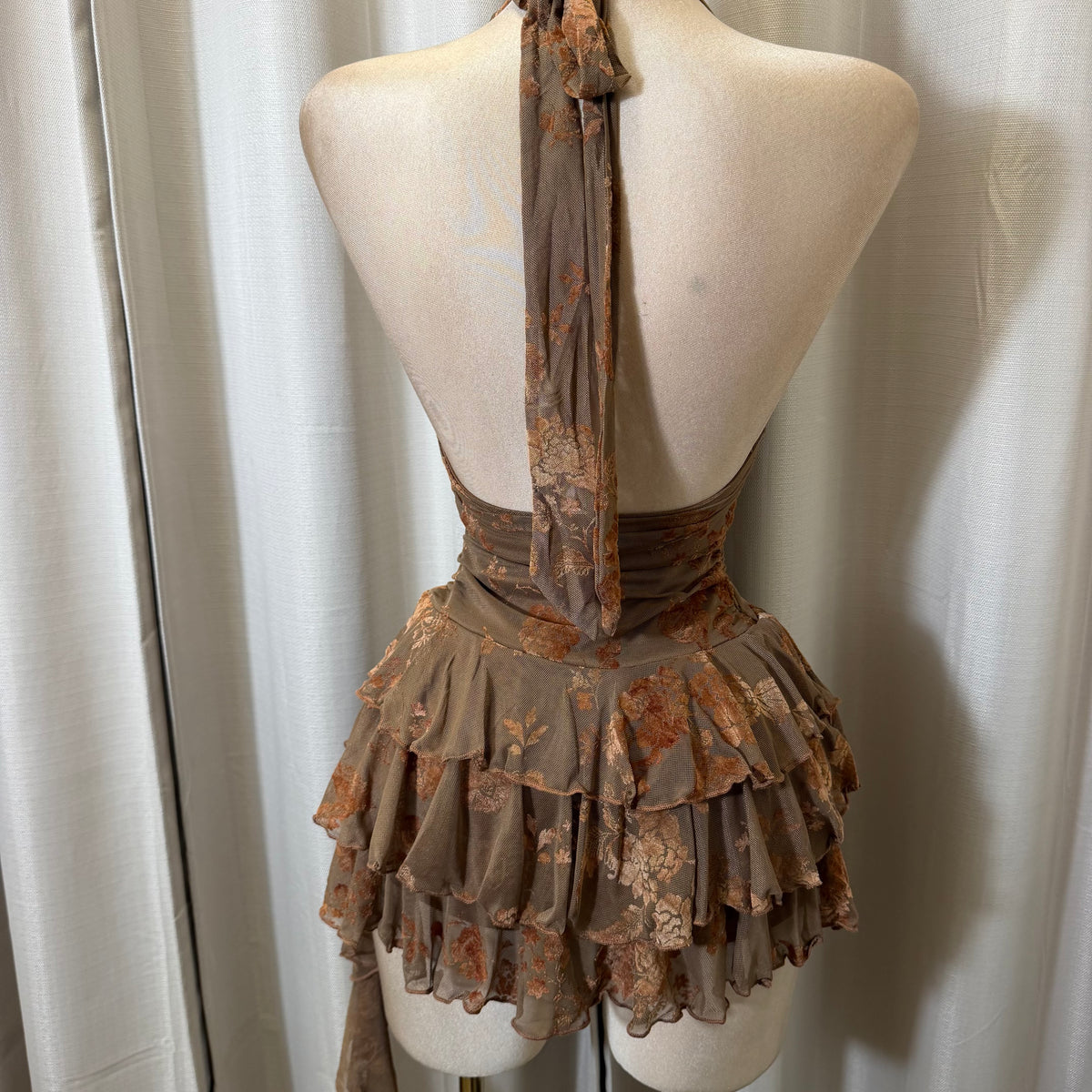 Floral Halter Double Layer Ruffle Mini Dress-Brown