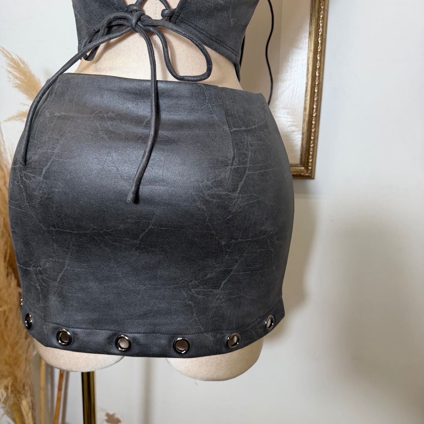 Halter Top and Mini Skirt Set with lace up back -Charcoal