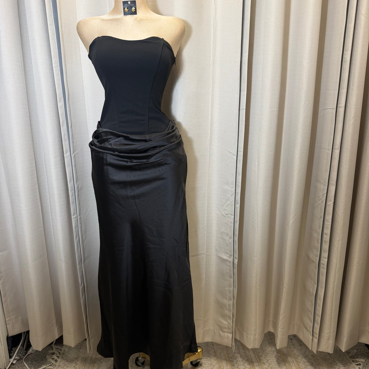 Satin Strapless Sweetheart Neckline Cowl Hip lace Maxi Dress-Black