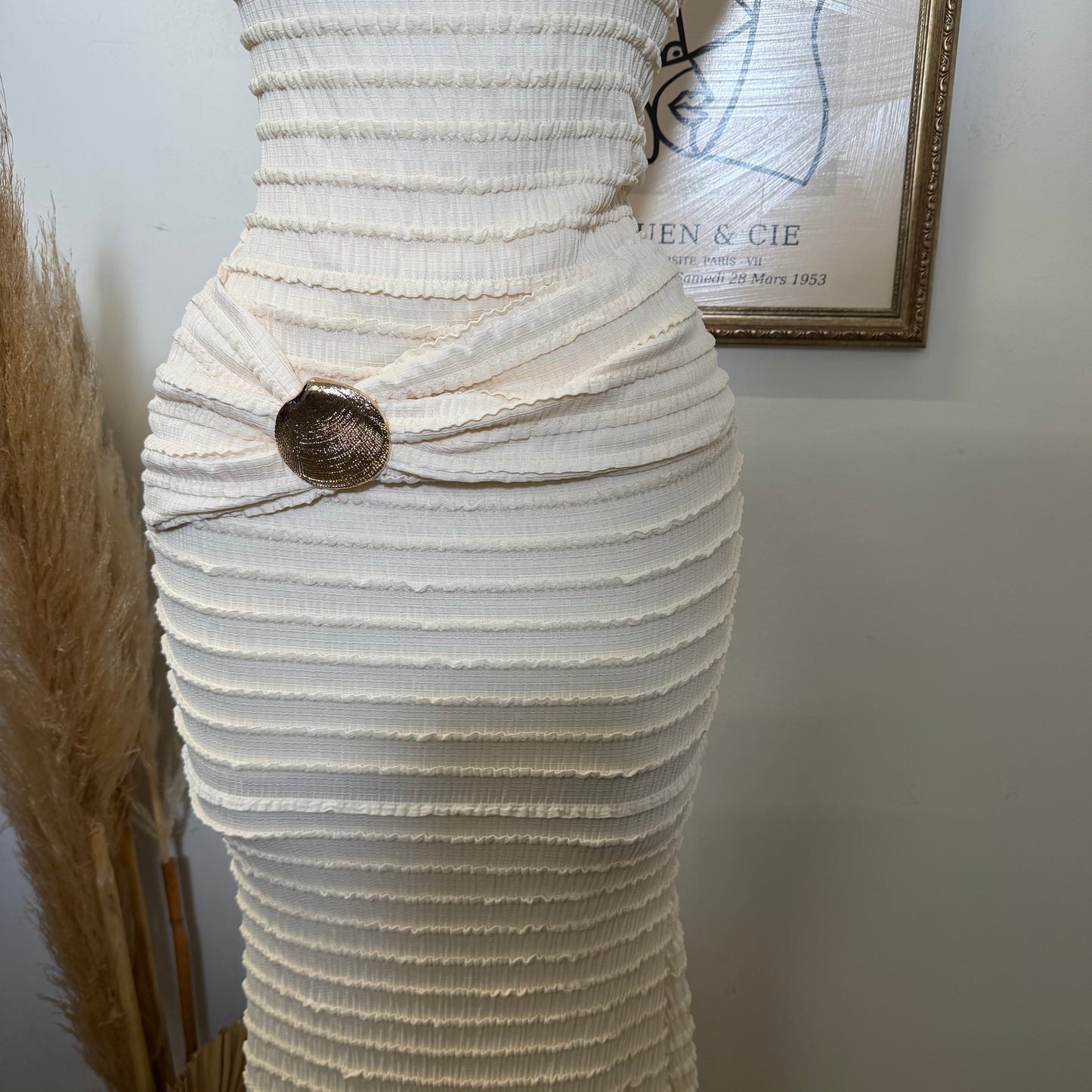 Textured Solid Off shoulder Maxi dress-Cream