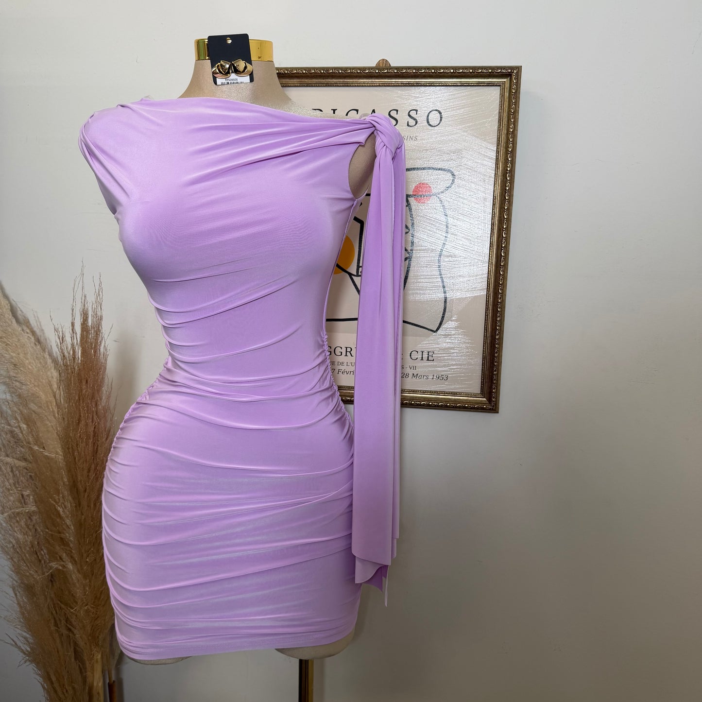 Off Shoulder Ruched Side Tie Mini Dress-Lavander