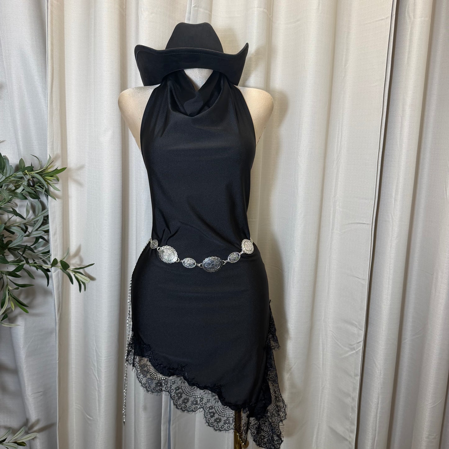 Halter Asymmetrical Lace detail Dress- Black/Black