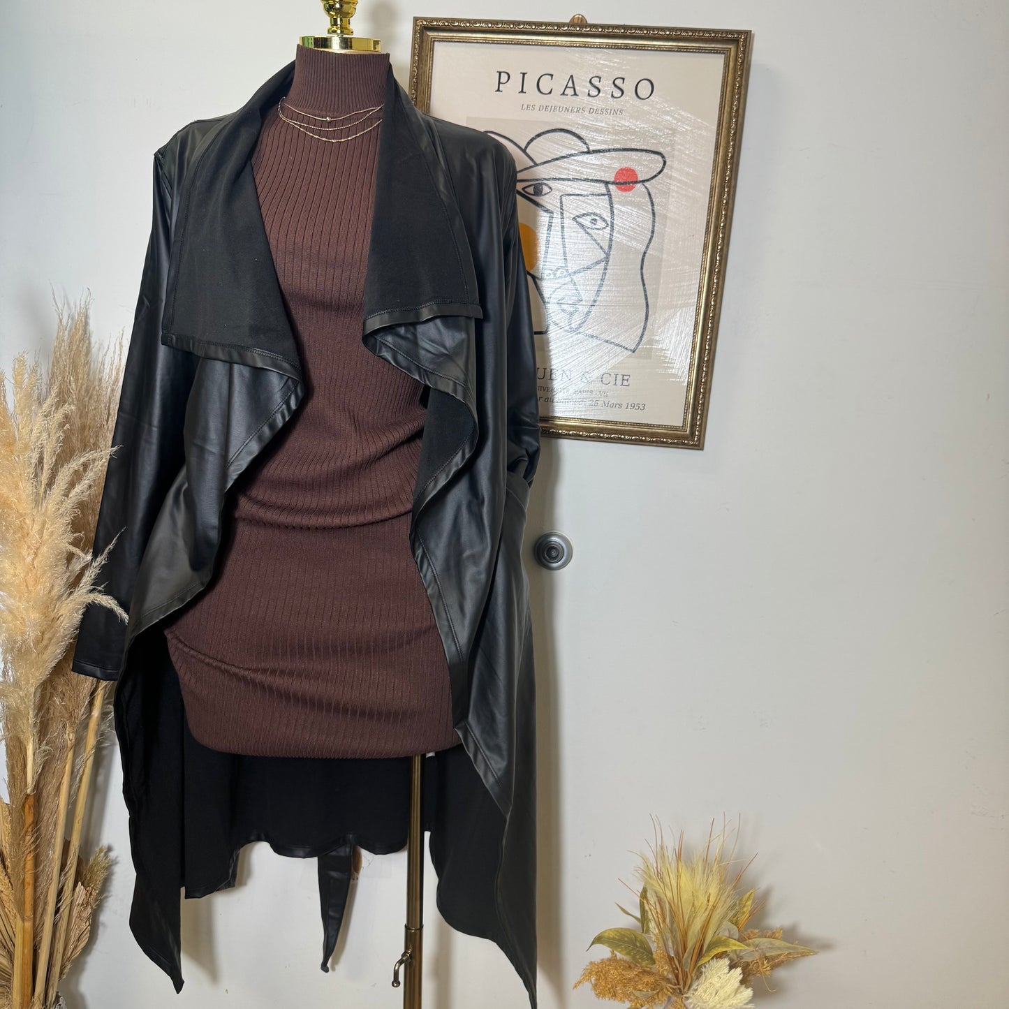 Faux Leather Long Coat with Belt -Black