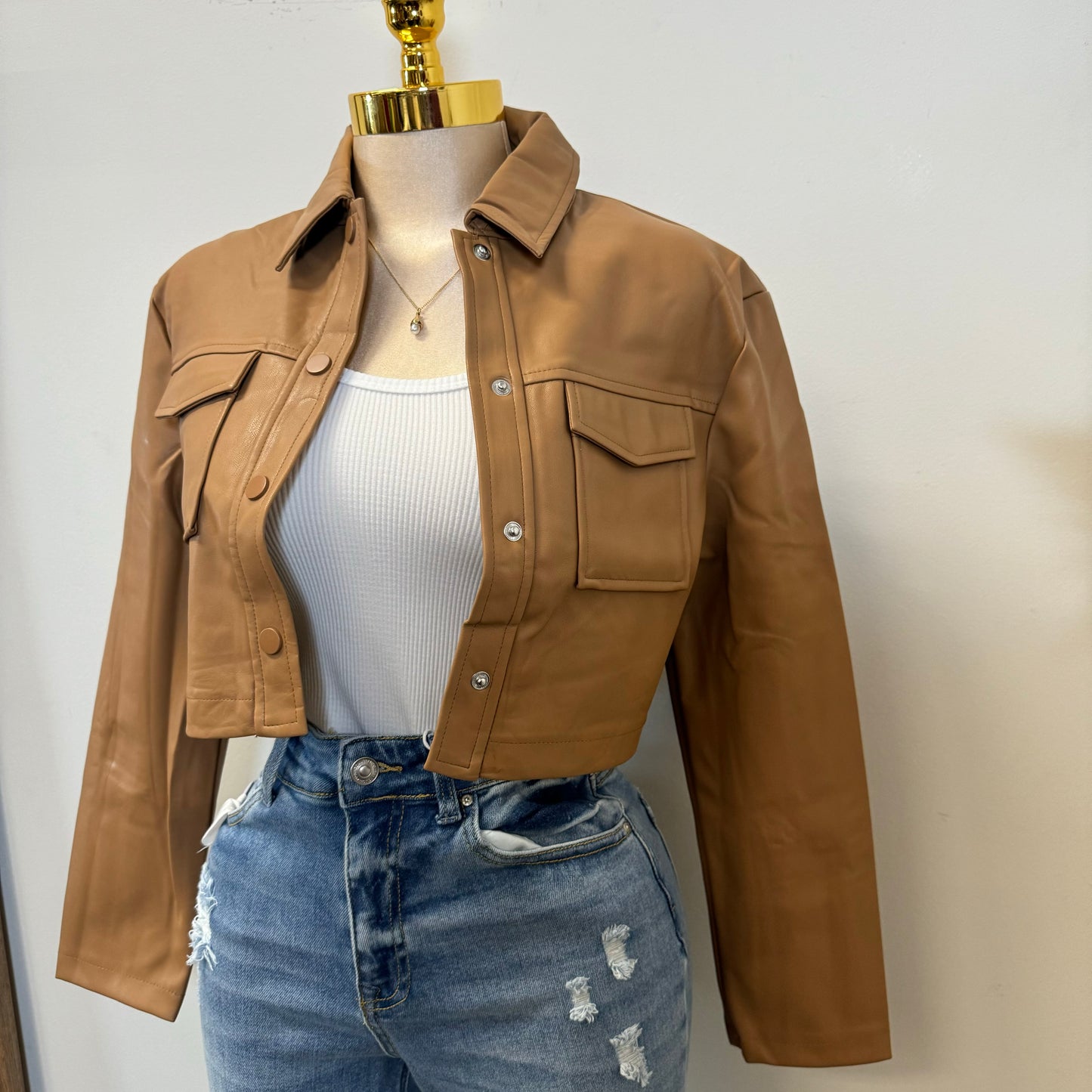 Lulú PU Leather Cropped Jacket -Brown