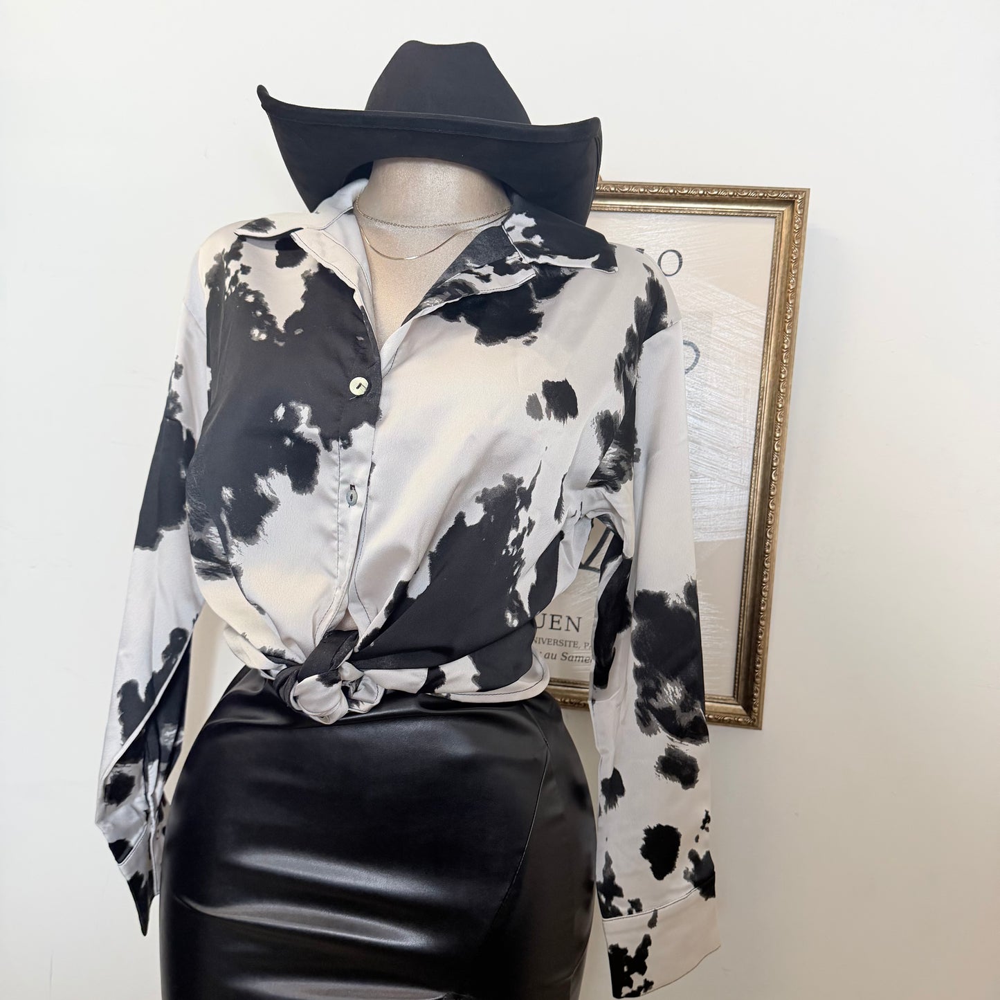 Cow Print Satin Button Down Long sleeve Shirt-Black