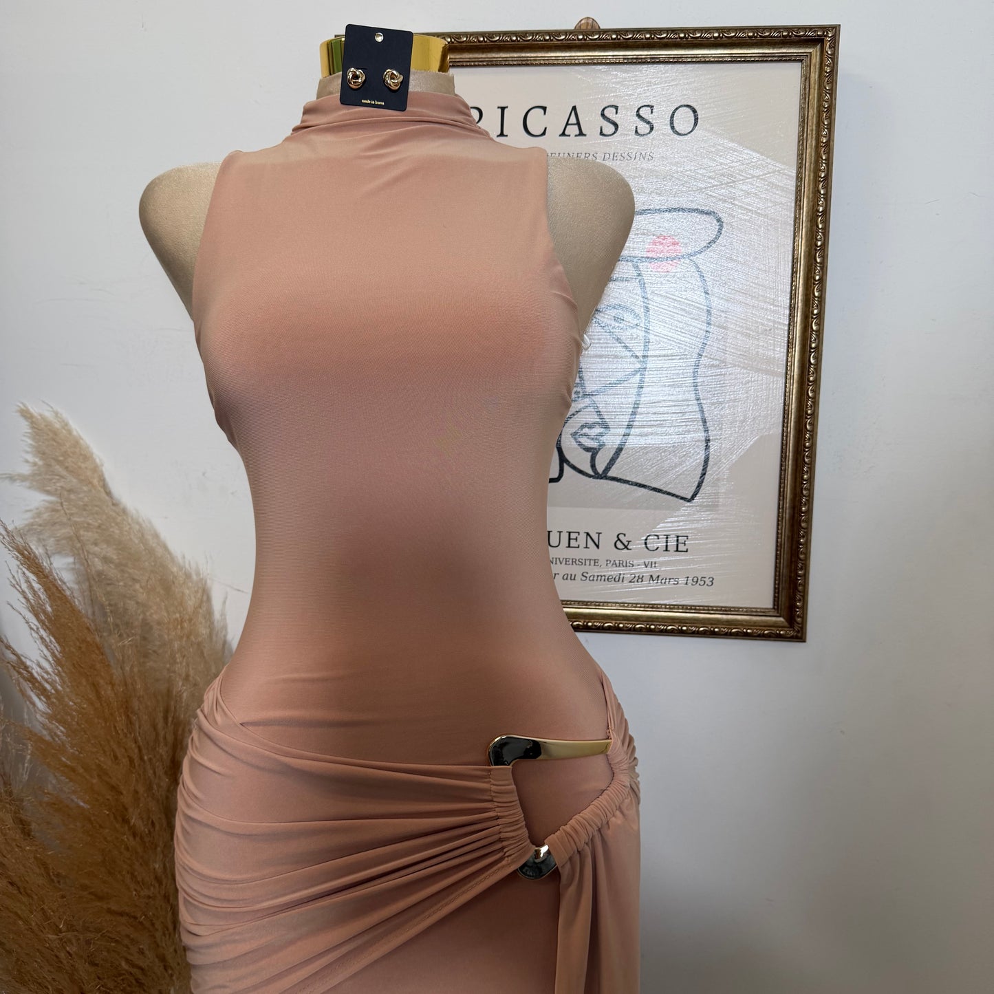 Mock Neck Front Sash With Trim Detail Mini Dress-Nude