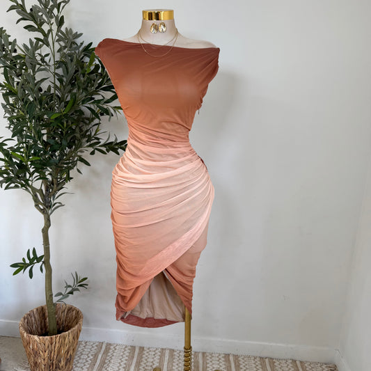 Ombré Mesh Print Asymmetrical Draped Mini Dress-Sunset